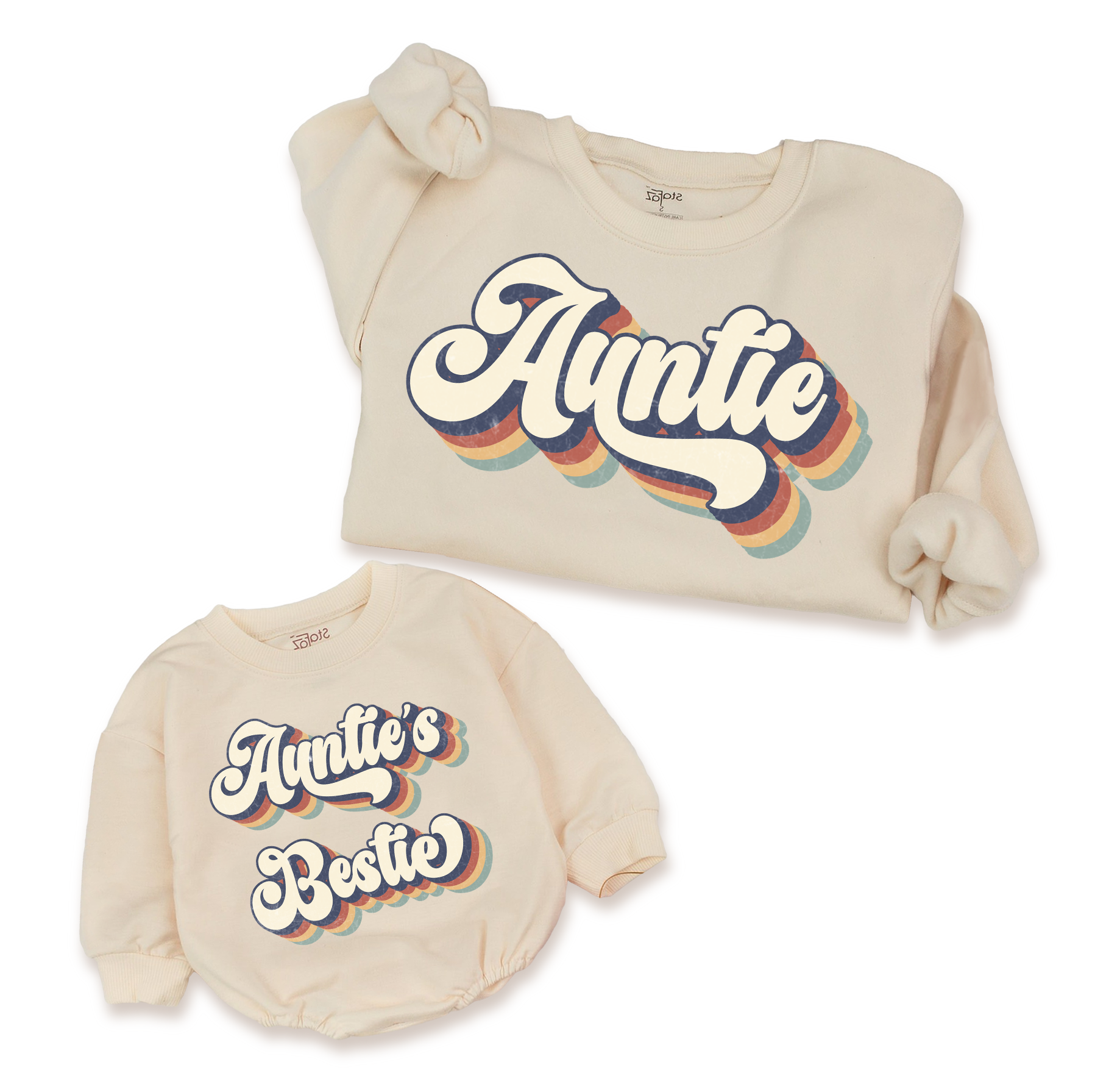 Matching Family Outfits: Vintage rompers and "Auntie's Bestie" shirts for the whole crew.