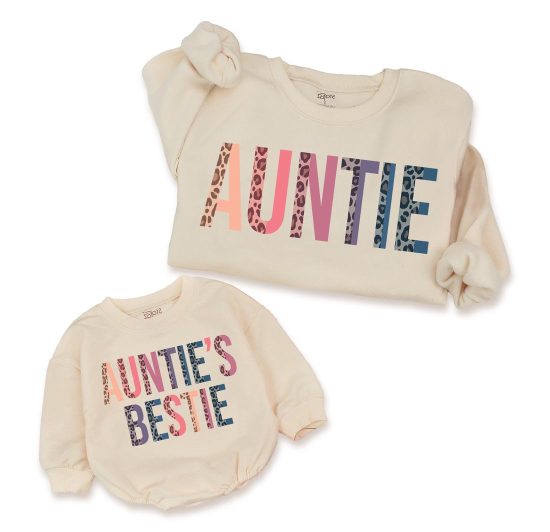 Leopard Auntie Sweatshirt & Baby Rompers: Matching family gifts with a trendy twist.