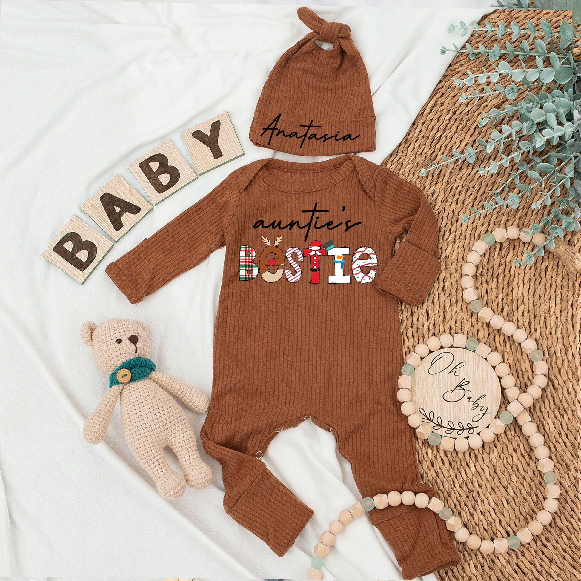 Custom Bestie Baby bodysuit and Hat Full Set, Newborn Set, Baby Shower Gift, Long Sleeve Bodysuit, Customized Name - LuthCreative