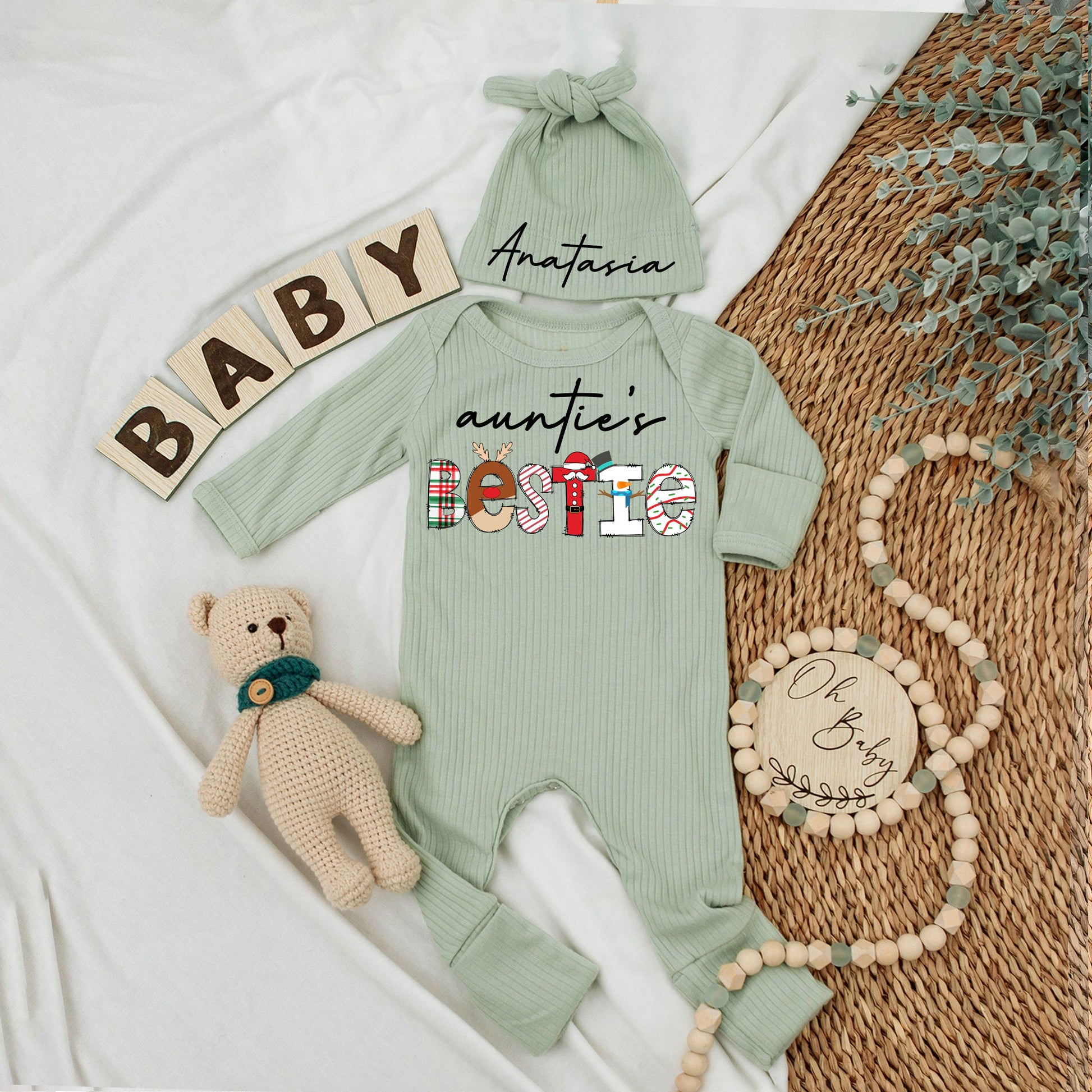 Custom Bestie Baby bodysuit and Hat Full Set, Newborn Set, Baby Shower Gift, Long Sleeve Bodysuit, Customized Name - LuthCreative