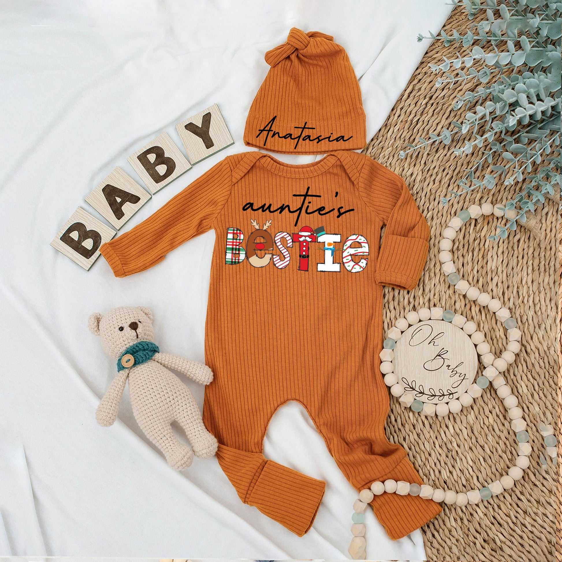 Custom Bestie Baby bodysuit and Hat Full Set, Newborn Set, Baby Shower Gift, Long Sleeve Bodysuit, Customized Name - LuthCreative