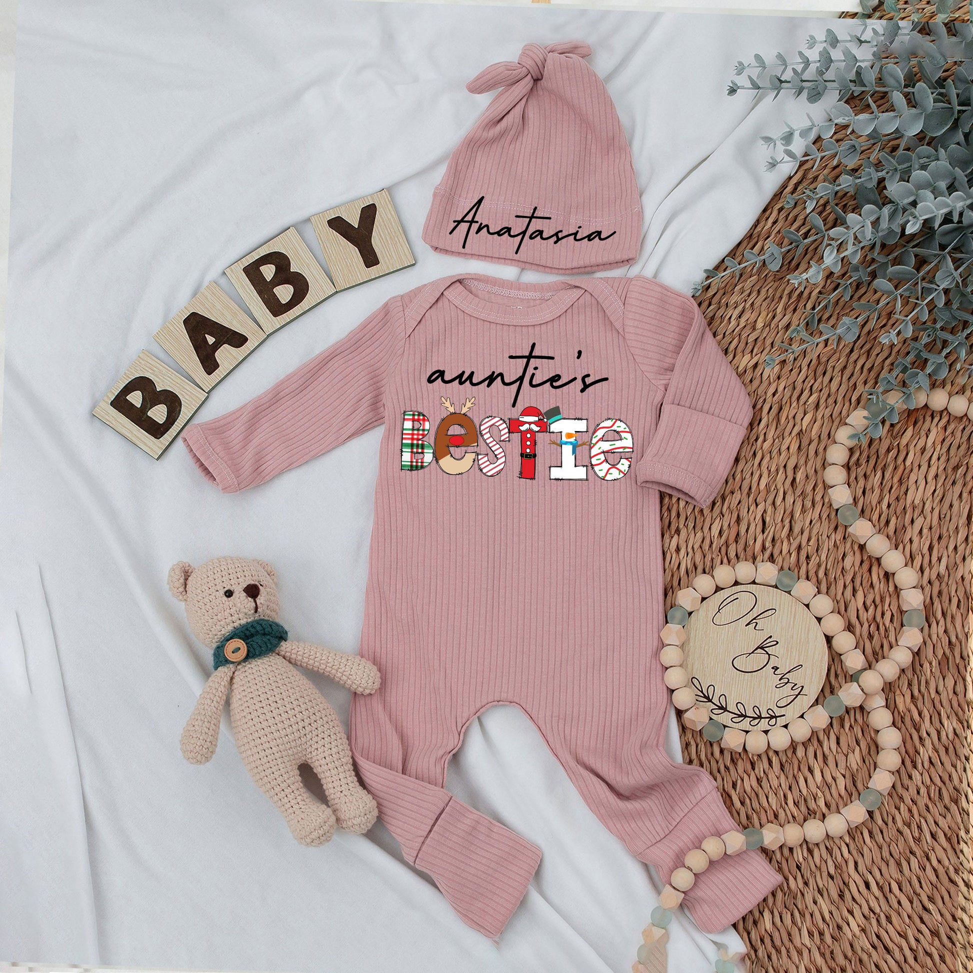 Custom Bestie Baby bodysuit and Hat Full Set, Newborn Set, Baby Shower Gift, Long Sleeve Bodysuit, Customized Name - LuthCreative