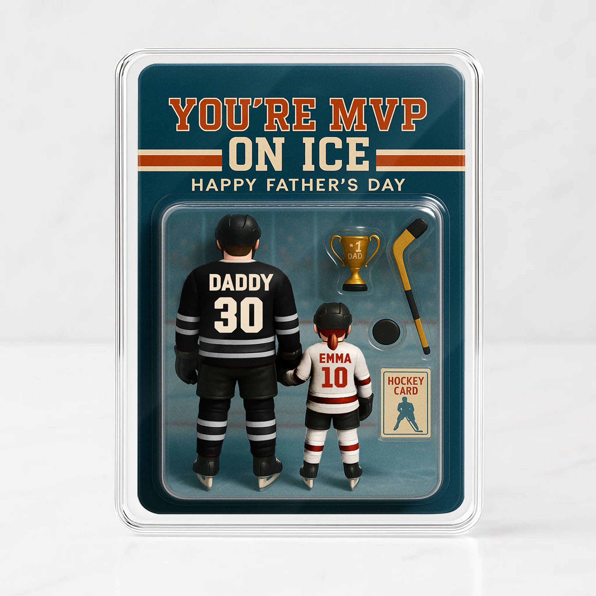 3D Acrylic Hockey Dad and Son Display – Personalized Father’s Day Gift with Names, Numbers, and Trophy Touch