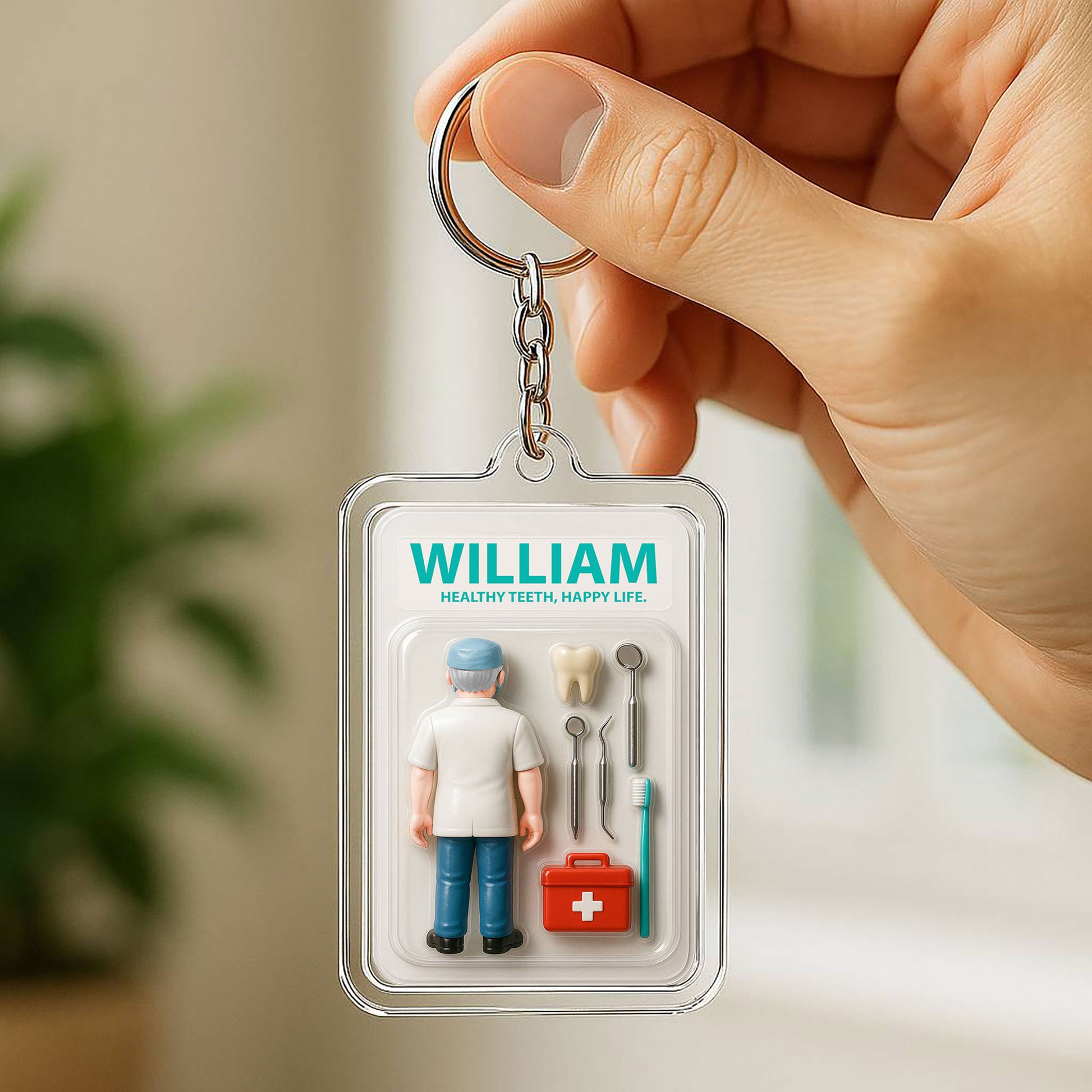 3D Style Dentist Keychain - Custom Father's Day Gift for Him "Healthy Teeth, Happy Life"
