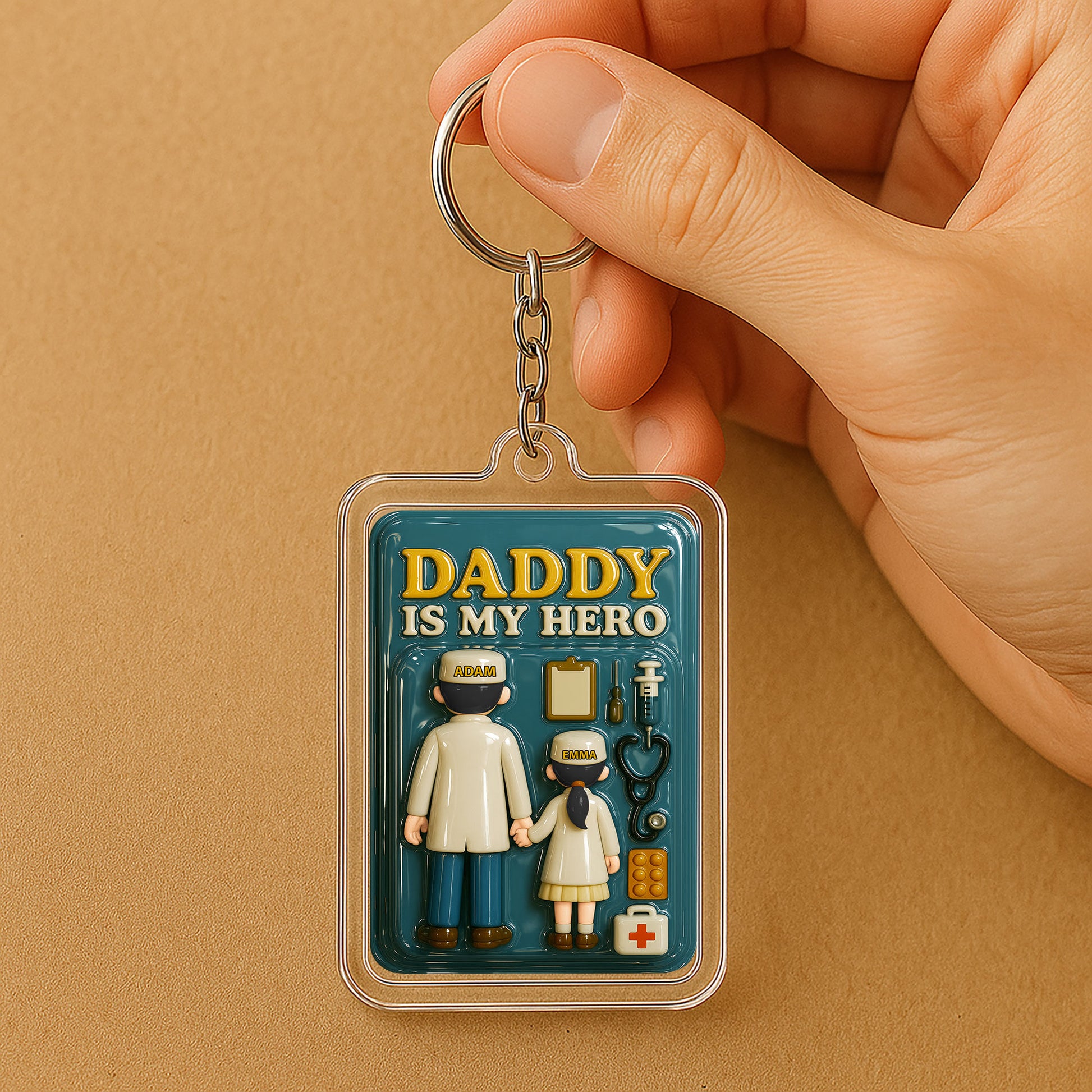 3D Style Doctor Keychain - Custom Father's Day Gift for Him "Daddy Is My Hero" 