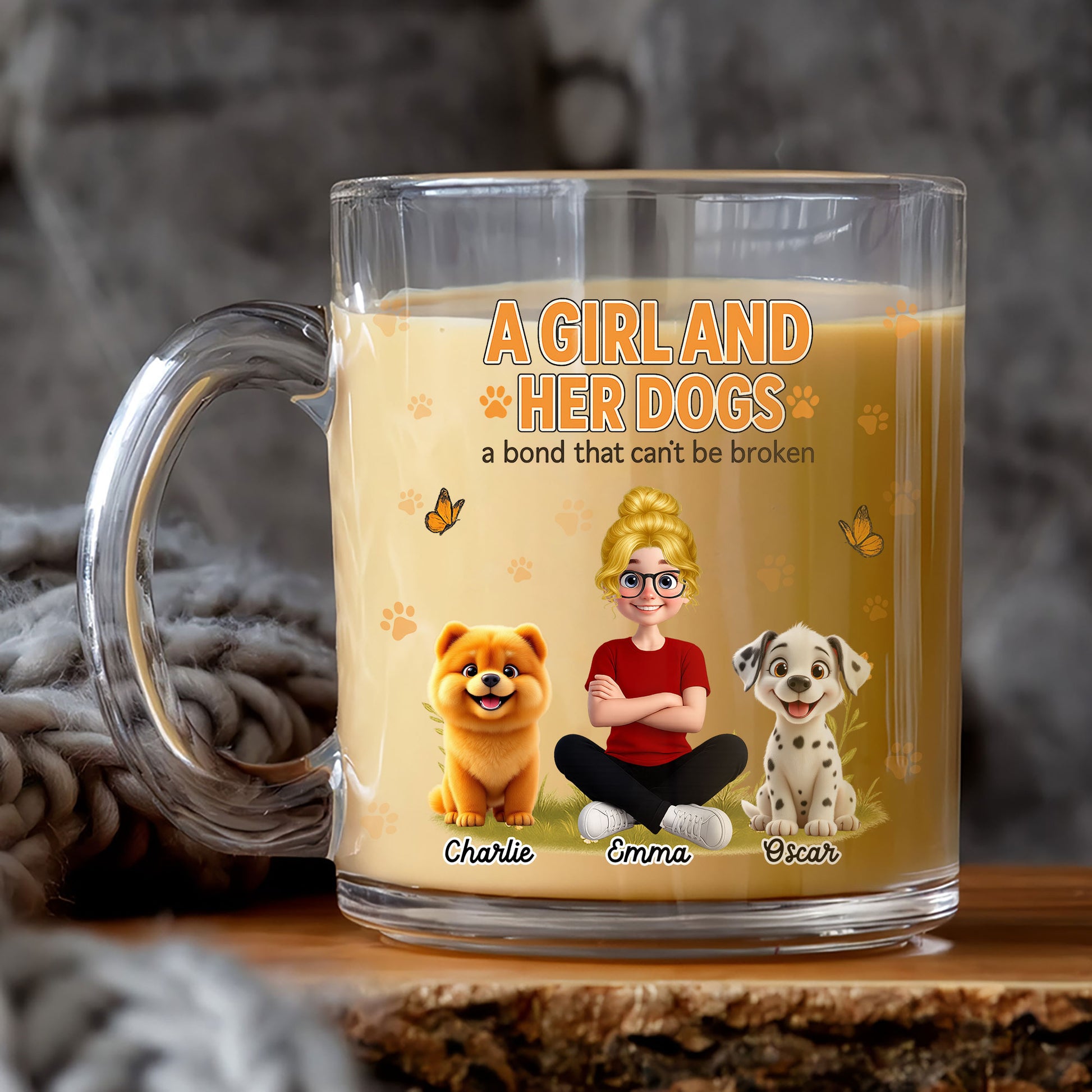 A Girl and Her Dogs" Personalized Glass Mug for Dog Lovers. Custom Names for Her & Pets. Clear, Thoughtful Gift