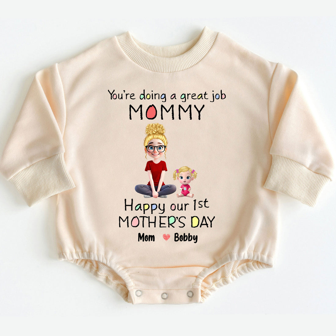 Make her very first Mother's Day an absolutely extraordinary and unforgettable experience with the 'You're Doing A Great Job Mommy - Happy Our First Mother's Day' Romper Baby Bodysuit. Order yours today and give the invaluable gift of love, encouragement, unparalleled comfort, and cherished memories that will be treasured for a lifetime!
