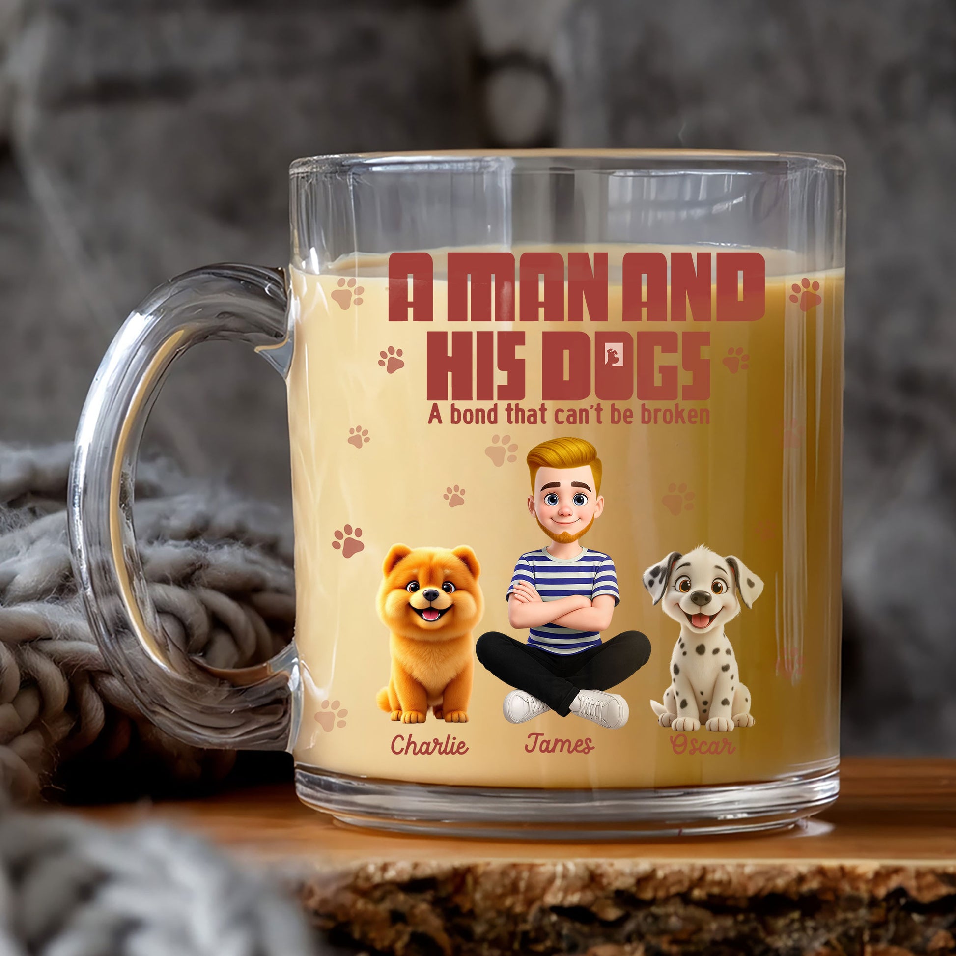 A Man and His Dog" Personalized Glass Mug for Dog Lovers. Custom Names for Dad & Pets. Clear, Thoughtful Gift
