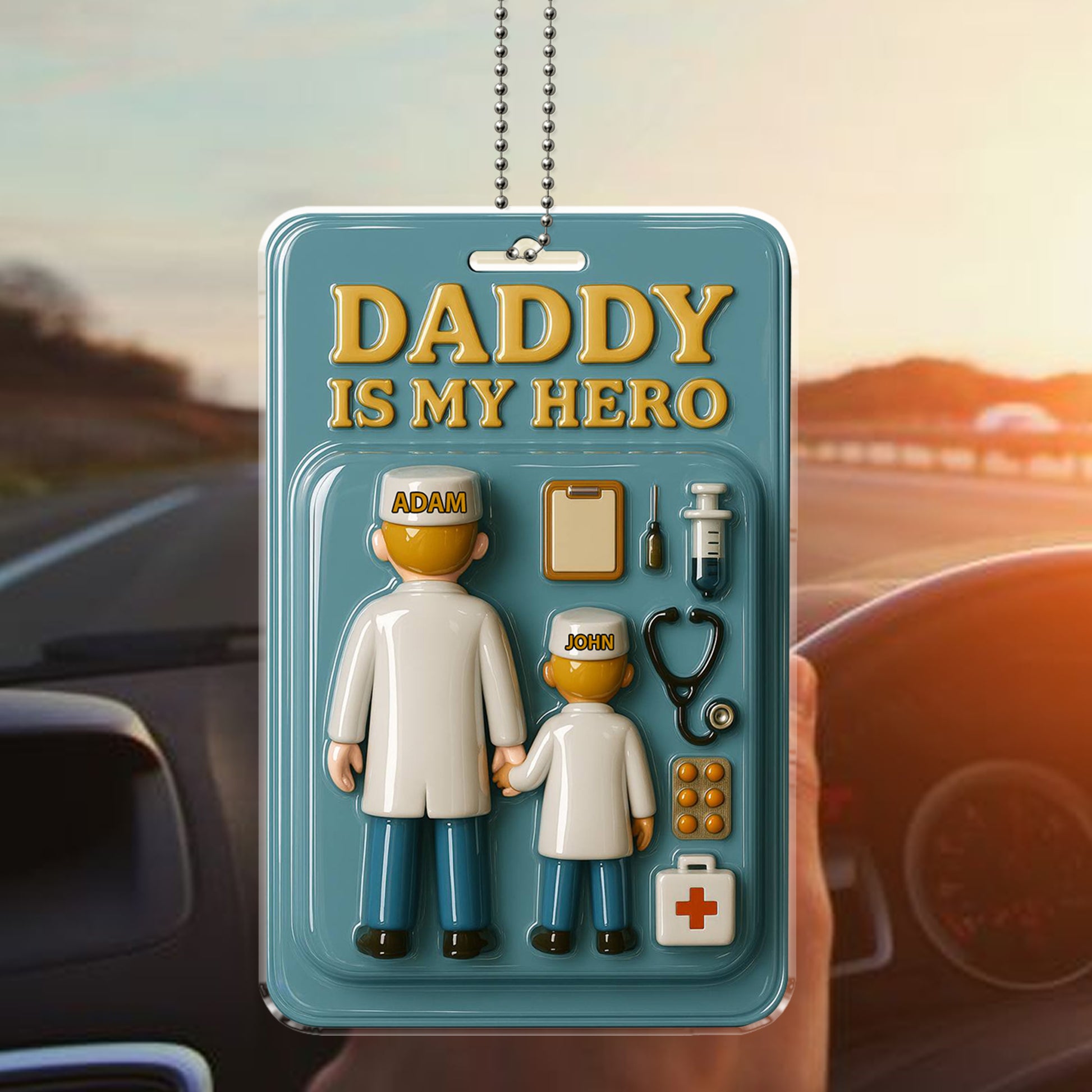 Acrylic Car Hanging Ornament for Doctor Father and Son – ‘Daddy Is My Hero’ Father’s Day Gift for Healthcare Heroes