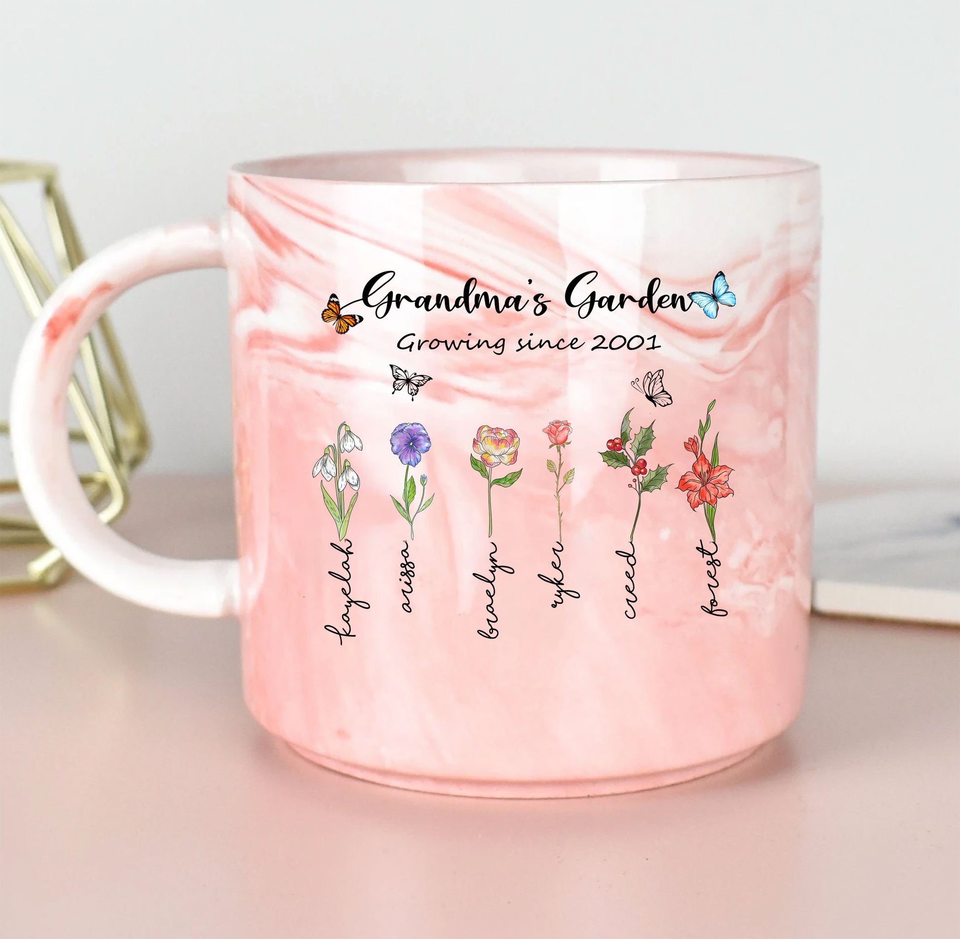 Beautiful Marble Mug for Mom: [Grandchild's Name] Growing Since [Year] Birth Flower

