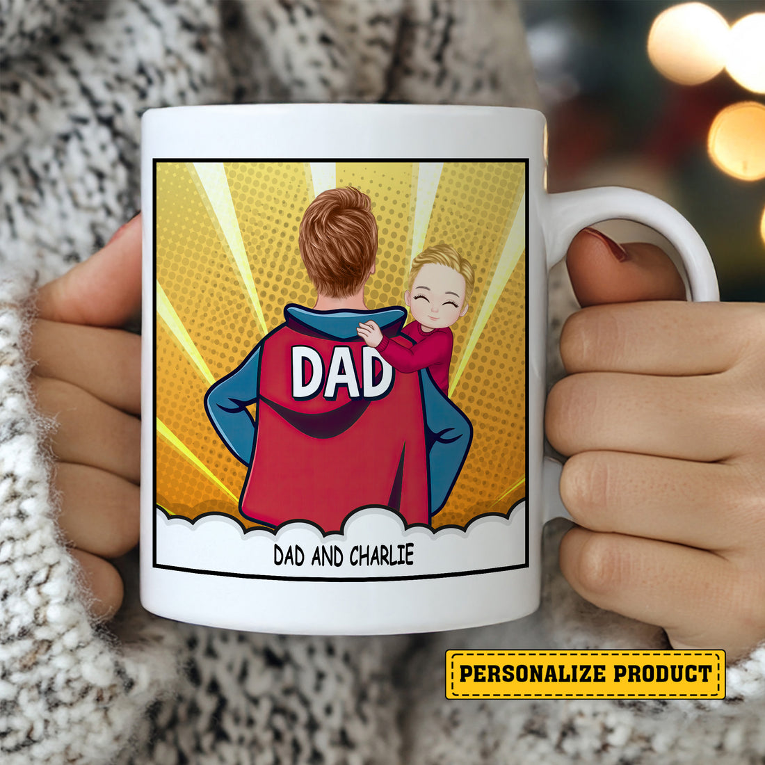 Personalized Superhero Dad & Child Comic Style Mug - Best Dad Ever Personalized Mug with Custom Characters