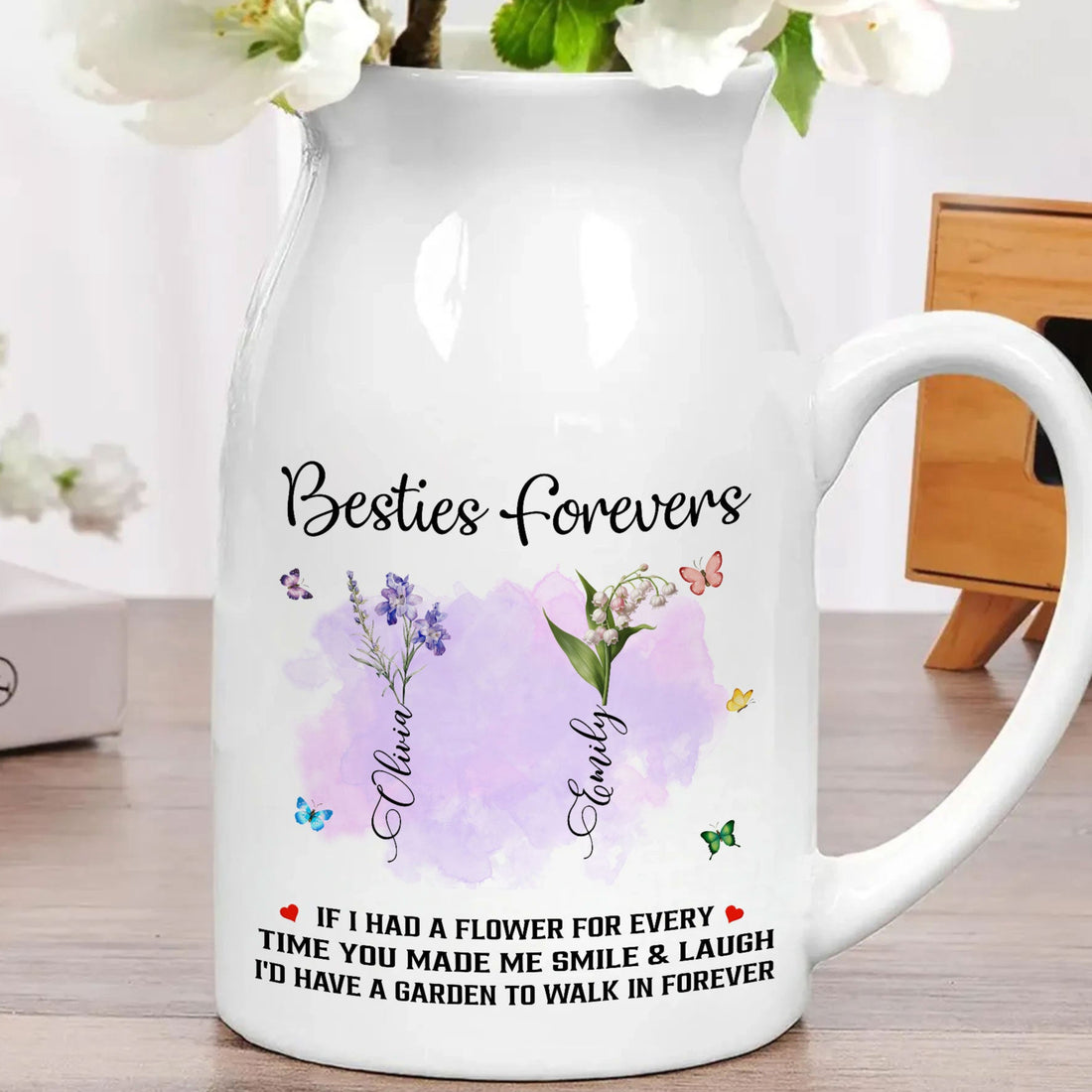Besties Forever Vase Custom Birth Flower Friendship Keepsake | Personalized Best Friend Gift | Custom Birth Flower Gift For Bessties, Mother's Day Gifts, Birthday Gifts