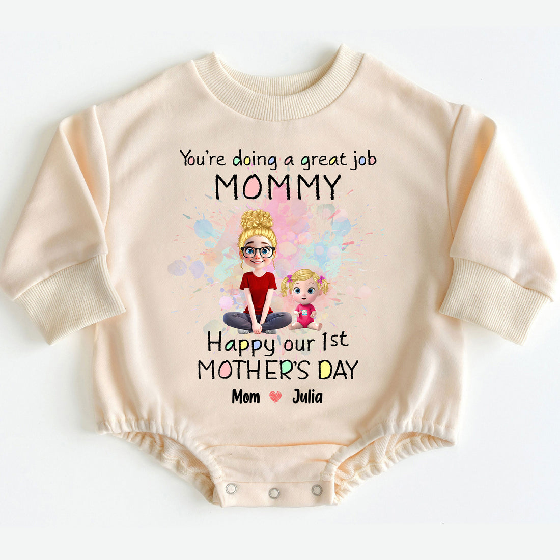Make her first Mother's Day truly magical and unforgettable with our "You're Doing A Great Job Mommy - Happy Our First Mother's Day" Romper Baby Bodysuit. Order yours today and give the gift of love, comfort, and cherished memories that will last a lifetime!