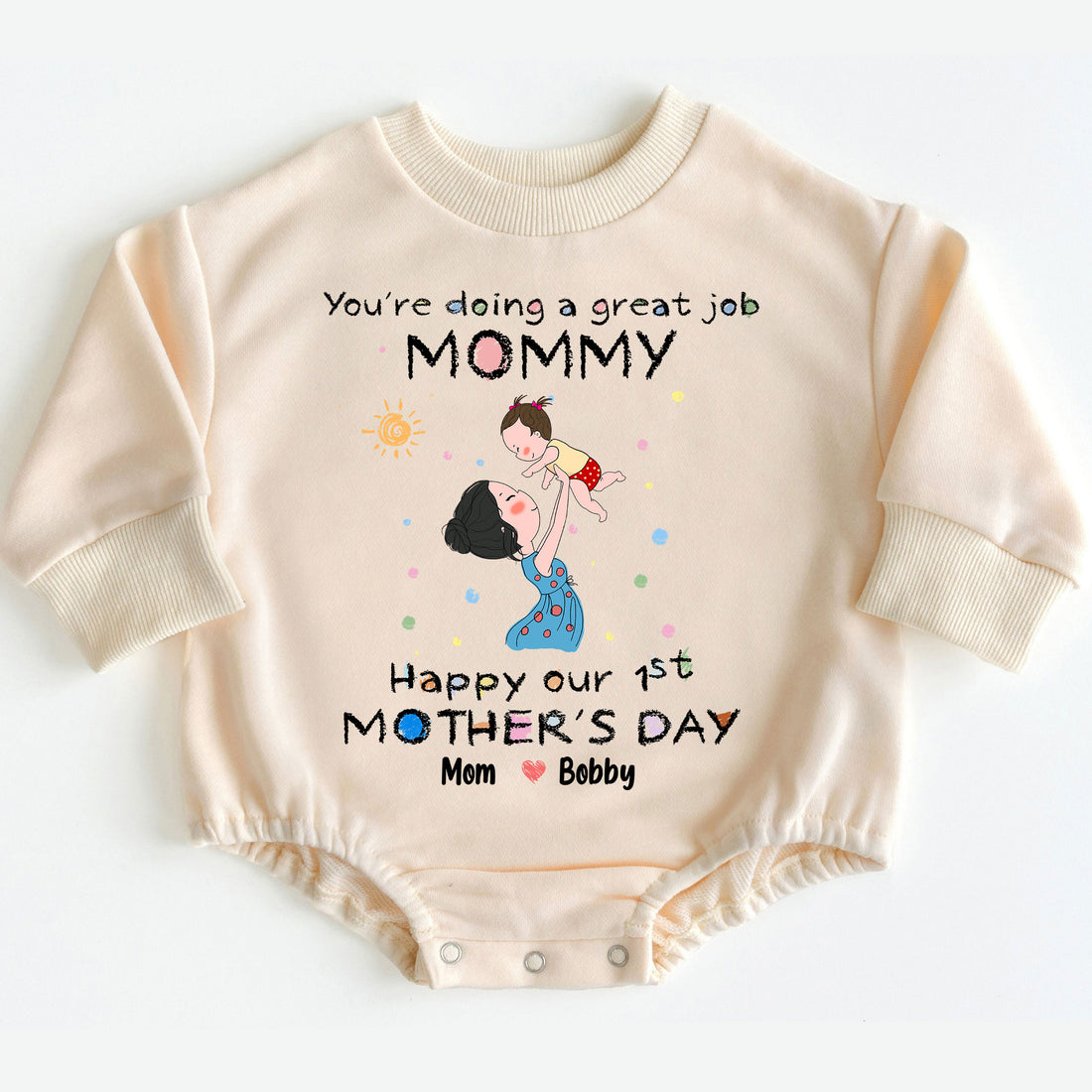 Make her very first Mother's Day an absolutely extraordinary and unforgettable experience with the 'You're Doing A Great Job Mommy - Happy Our First Mother's Day' Romper Baby Bodysuit. Order yours today and give the invaluable gift of love, encouragement, unparalleled comfort, and cherished memories that will be treasured for a lifetime!