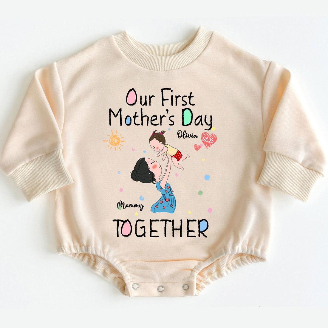 Make this first Mother's Day truly extraordinary and unforgettable with the 'Our First Mother's Day Together' Romper Baby Bodysuit. Order yours today and give the gift of love, comfort, and cherished memories that will be treasured for a lifetime!