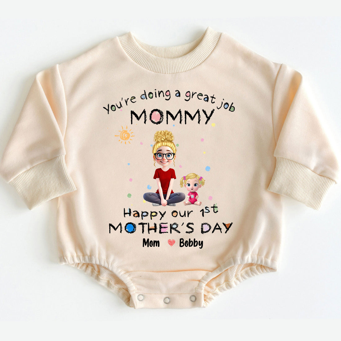 Make her first Mother's Day truly magical and unforgettable with our "You're Doing A Great Job Mommy - Happy Our First Mother's Day" Romper Baby Bodysuit. Order yours today and give the gift of love, comfort, and cherished memories that will last a lifetime!