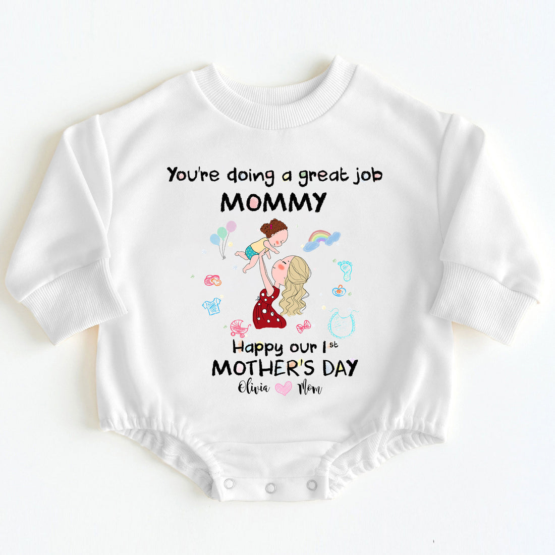 Give the new mom in your life a gift that's both incredibly cute and deeply meaningful. Celebrate her strength, love, and dedication this 1st Mother's Day with this special 'You're Doing A Great Job Mommy' baby bodysuit!