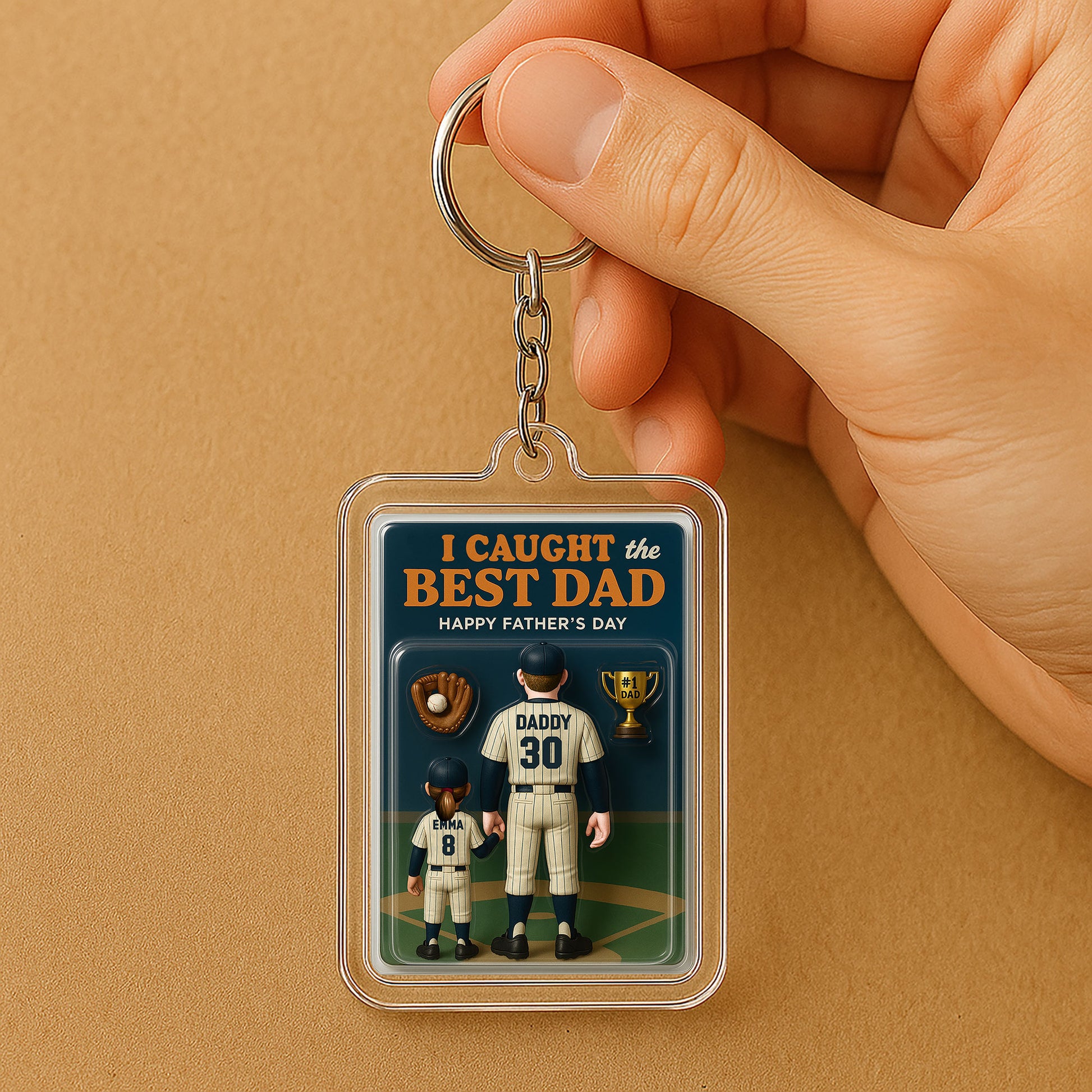 Custom Acrylic Father’s Day Keychain – Baseball Dad and Daughter Gift – “I Caught the Best Dad” with 3D Uniform Design

