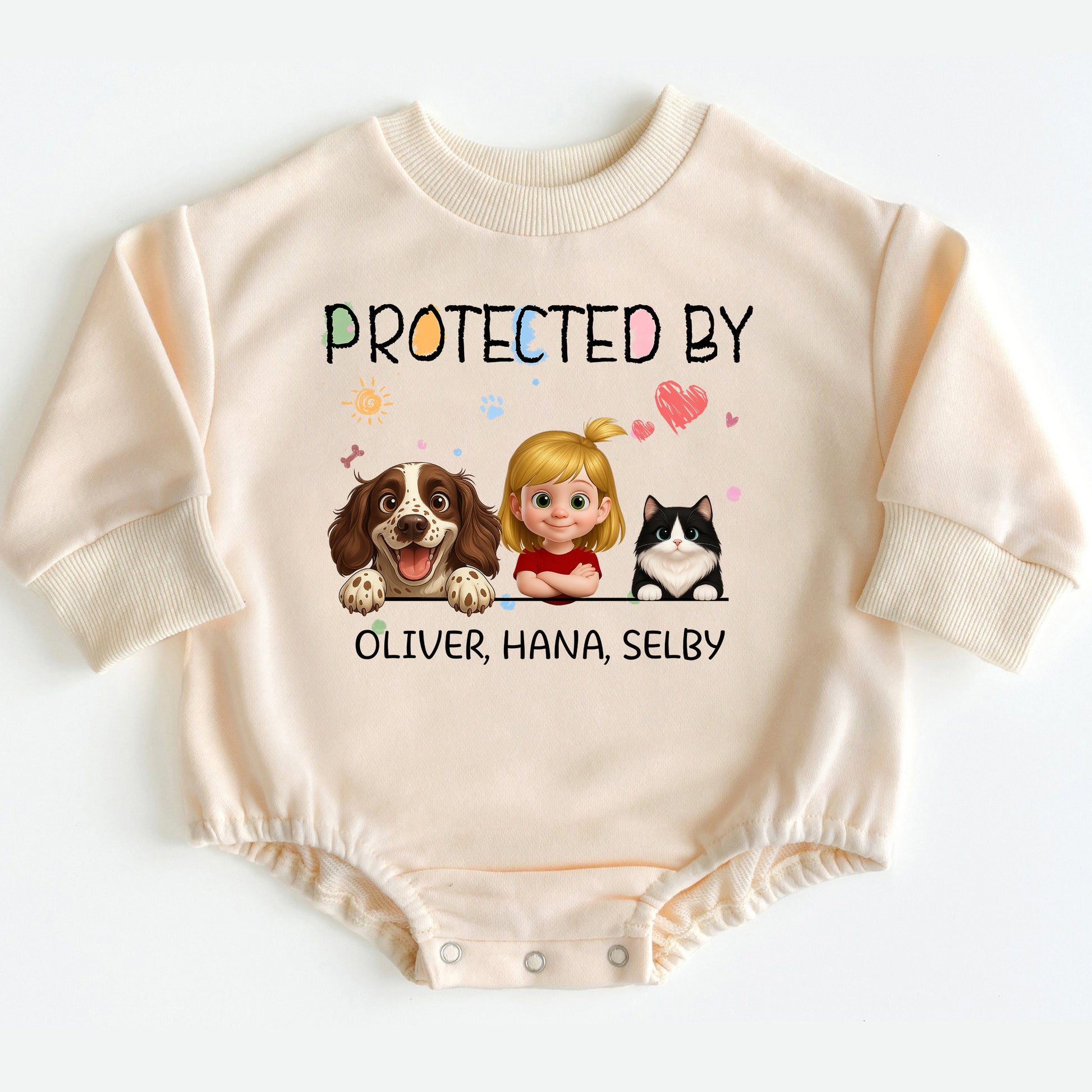 Custom Baby Onesie - Protected By Dog, Cat & Big Sister/Girl
