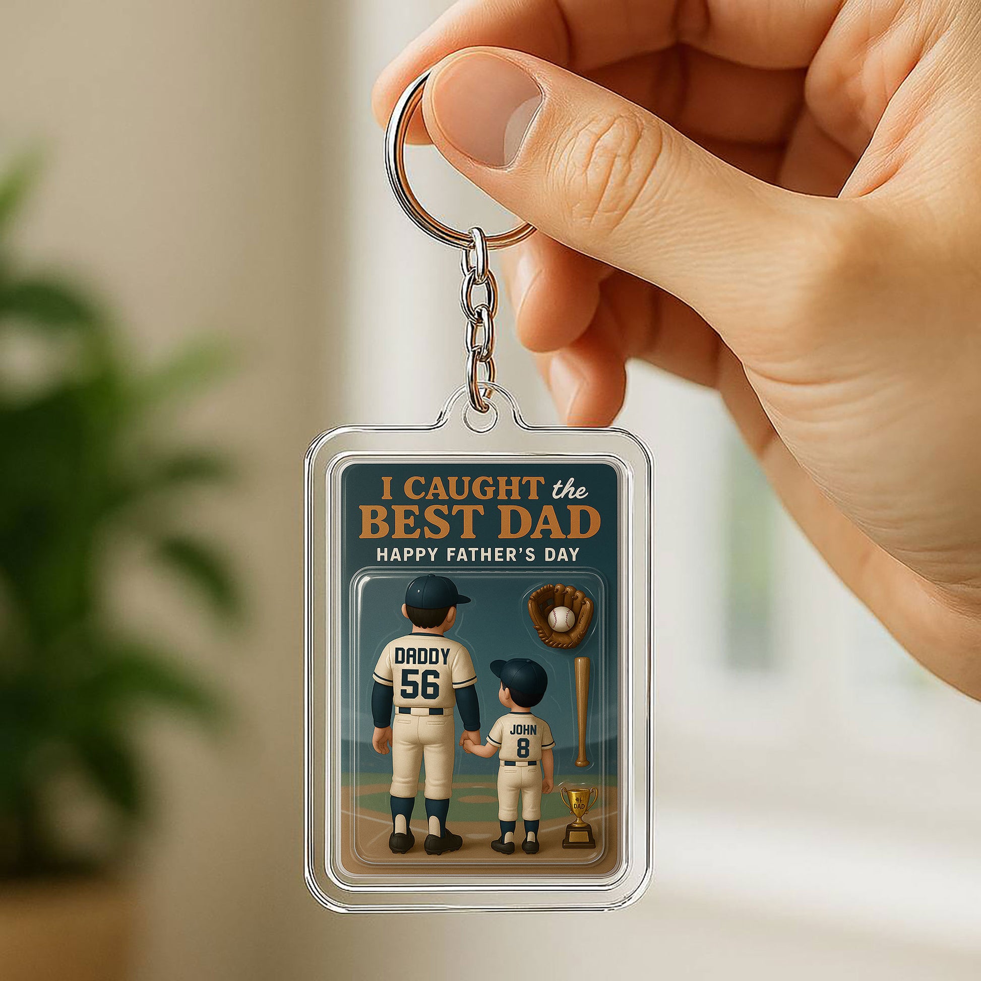 Custom Baseball Dad & Daughter Acrylic Keychain – 3D Style Father’s Day Gift – “I Caught the Best Dad” Design