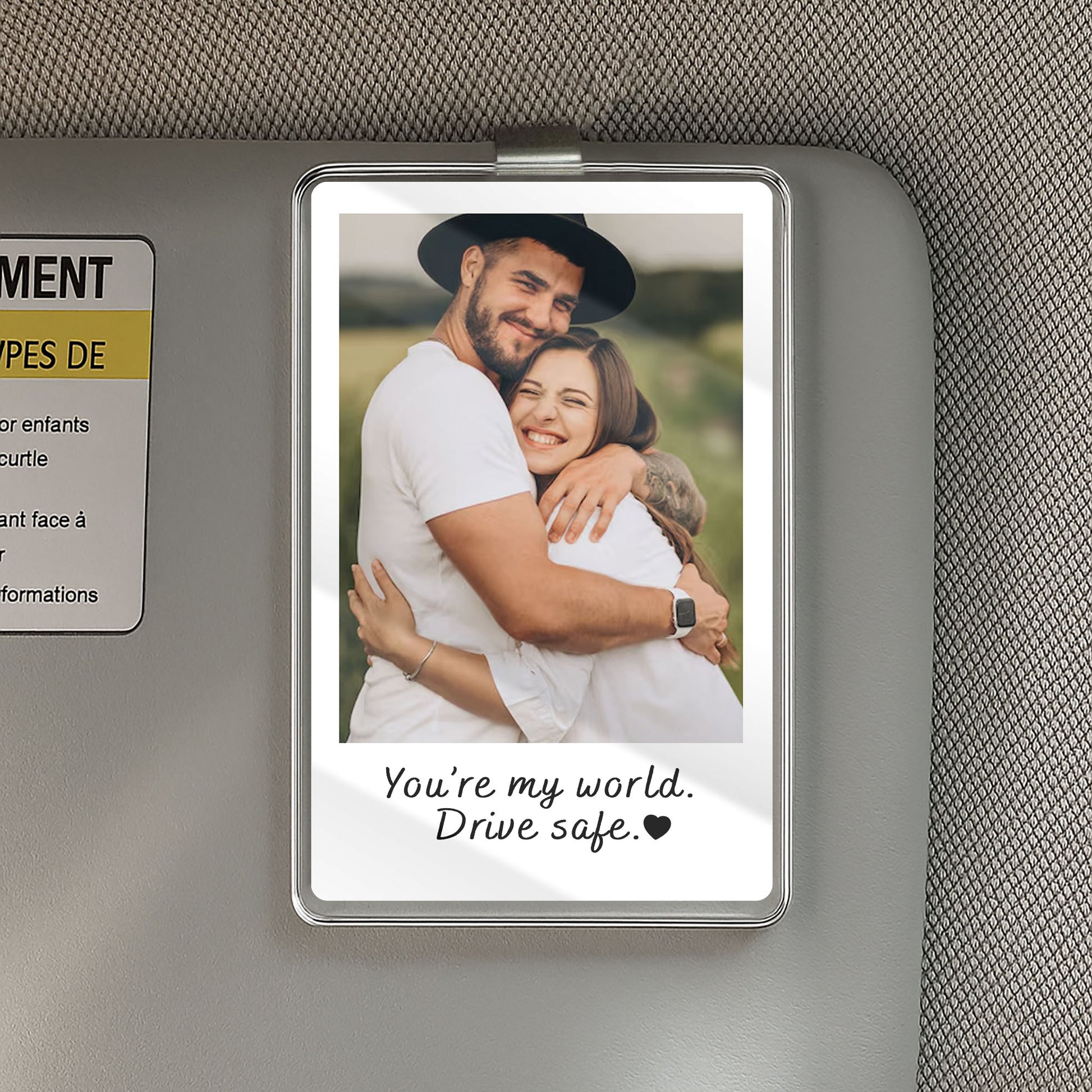 Custom Car Visor Clip with Couple Photo – Personalized Gift for Husband, Wife, or Partner – You’re My World Message

