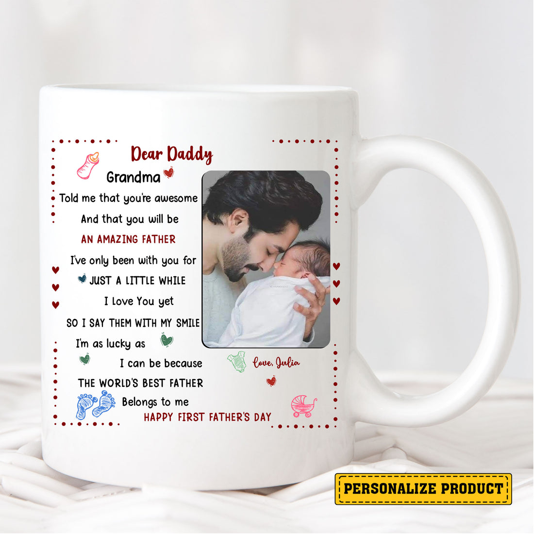 Dear Daddy First Father’s Day Ceramic Mug – Personalized Gift from Baby with Photo and Poem – Celebrate Dad Life with a Custom Coffee Cup Keepsake for New Dads

