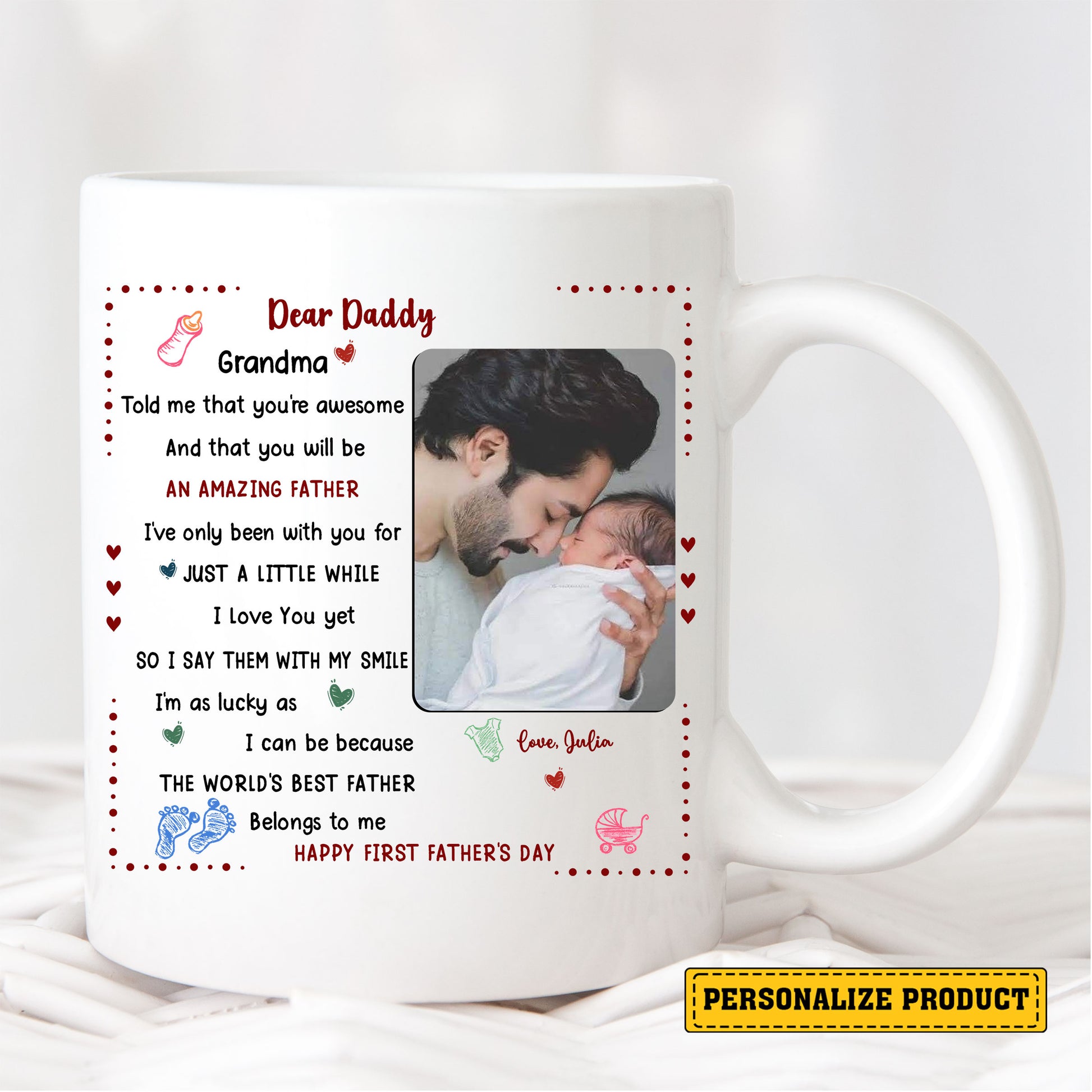 Custom Dear Daddy Mug for Happy First Father’s Day – Personalized Baby Gift with Picture and Sweet Poem – Ceramic Coffee Cup for New Dad Life Moments

