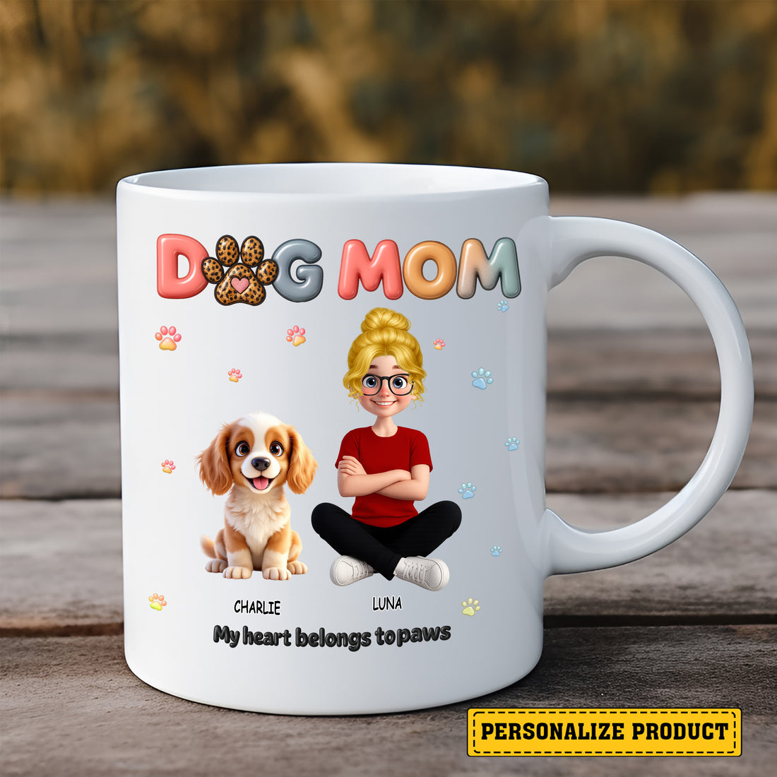 Personalized Dog Mom Mug - Custom Owner & Dog Characters Gift - "My Heart Belongs to Paws": Personalized Dog Mom Mug