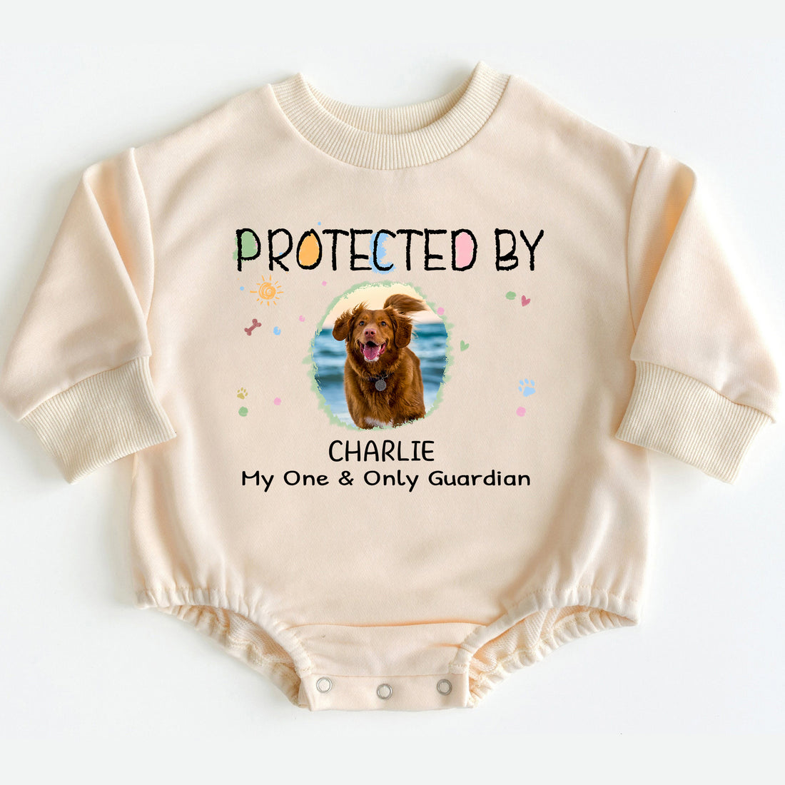 "Protected By My One & Only Guardian" Personalized Baby Bodysuit with Dog Photo - Personalized Dog or Cat Onesie Gift