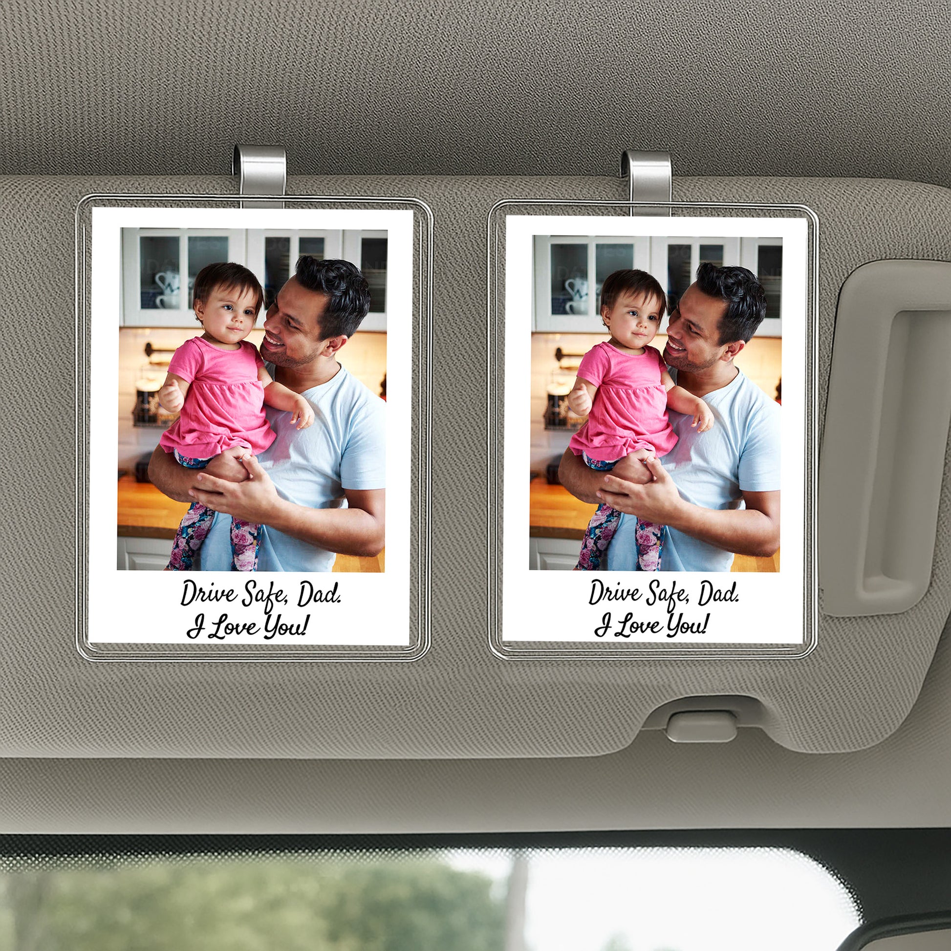 Custom Father’s Day 2025 Photo Car Visor Clip – Personalized “Drive Safe Dad I Love You” Acrylic Ornament – Thoughtful Gift for New or Veteran Dads

