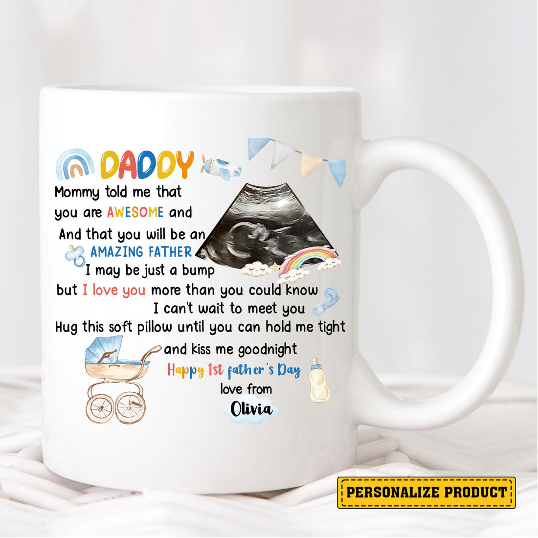 Dear Daddy First Father’s Day Mug from Bump – Personalized Ceramic Cup Gift with Ultrasound Photo and Poem – Custom New Dad Life Keepsake from Unborn Baby