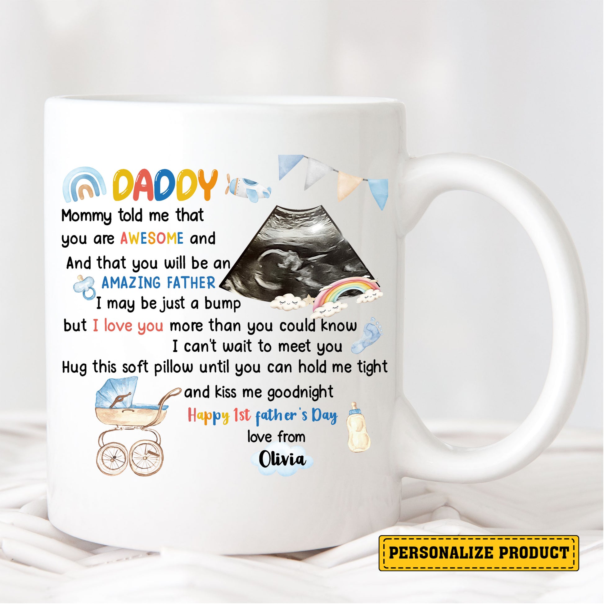Custom Father’s Day Mug from Baby Bump to Daddy – Personalized Ceramic Gift with Sonogram, Name & Poem – Unique First Time Dad Life Keepsake