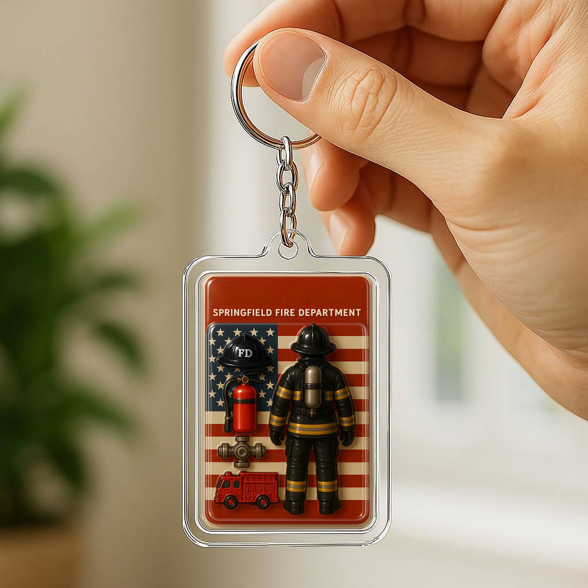 Custom Firefighter Acrylic Keychain – 3D Mini Fire Suit Gift for Dad – Personalized Father’s Day Keepsake for First Responders