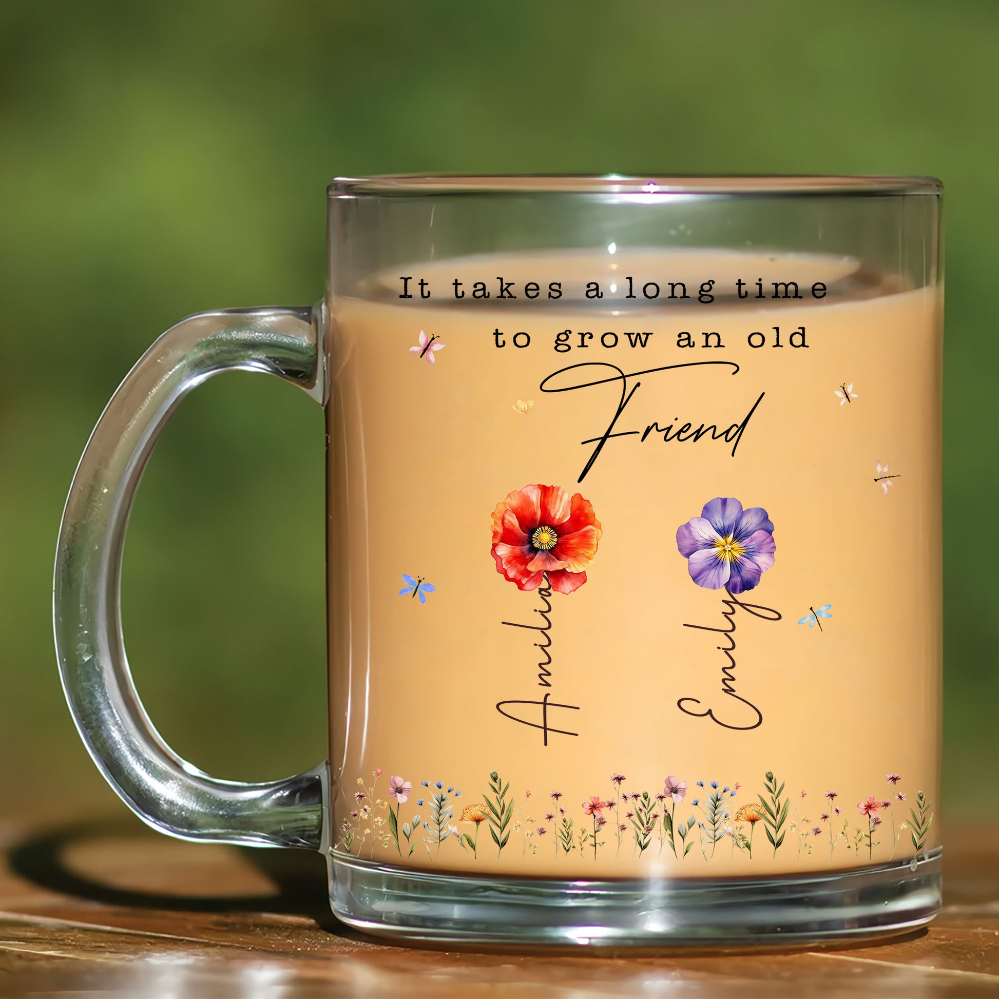 Custom Floral Mug for Friend - Personalized Names Glass Coffee Cup
