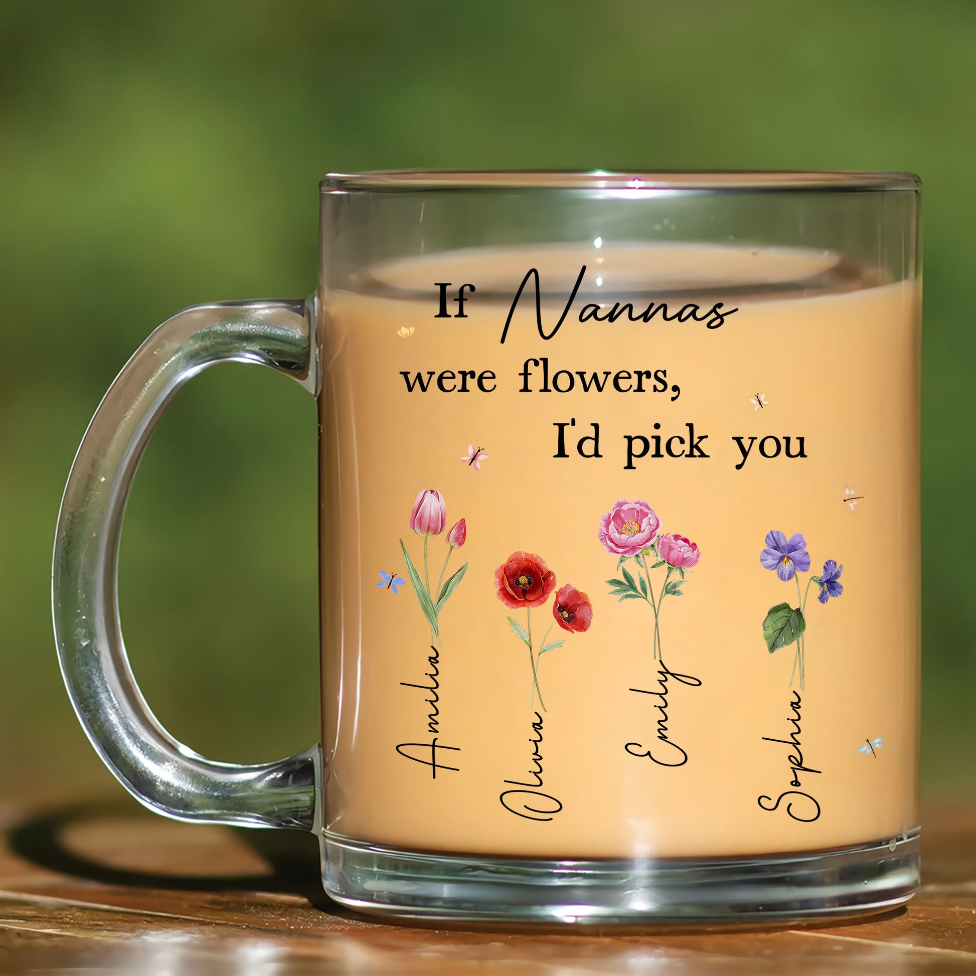 Custom Floral Mug for Nanna - Personalized Grandchildren Names Glass Cup
