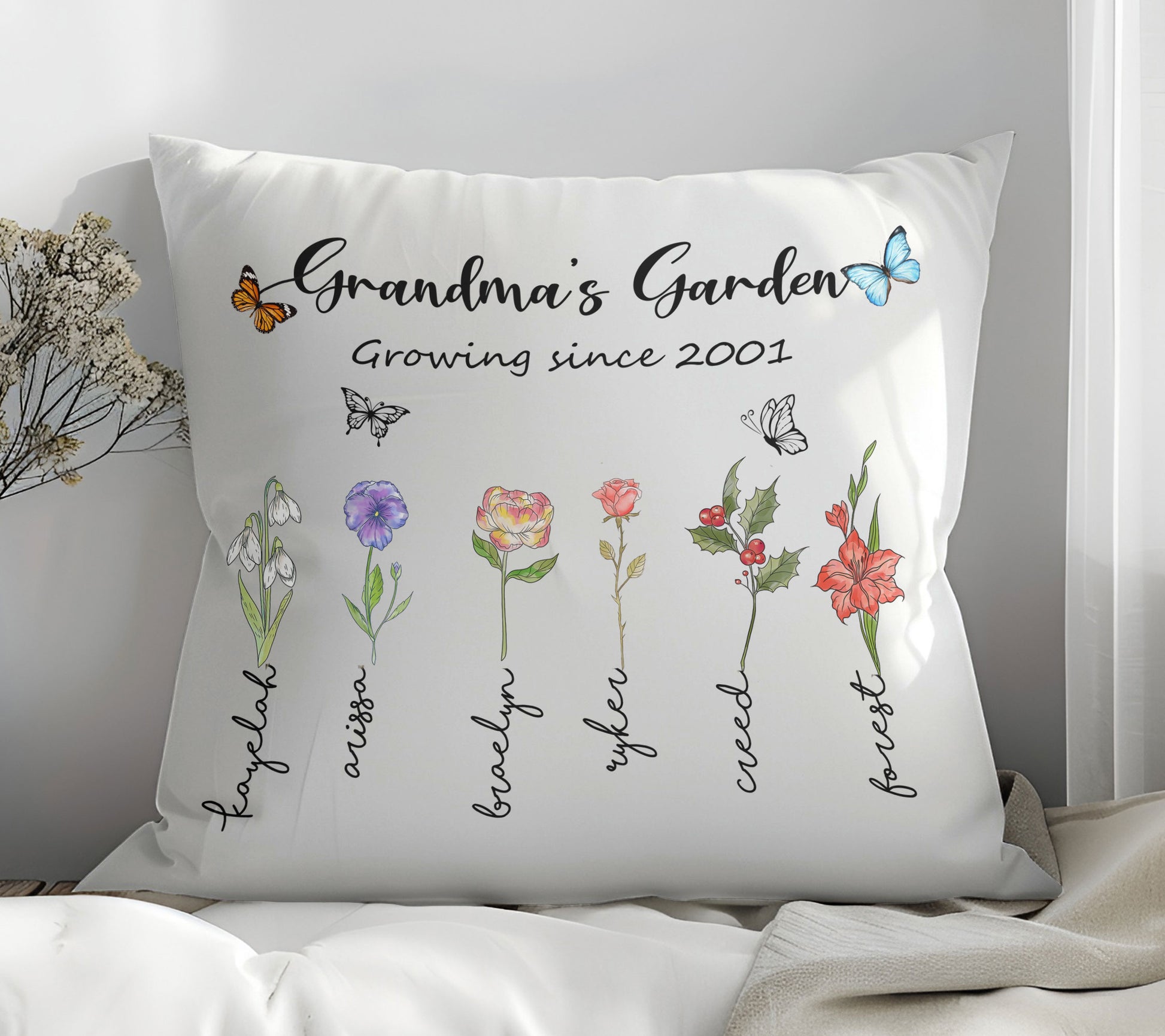 Custom Grandma's Garden Pillow With Grandchild's Birth Year