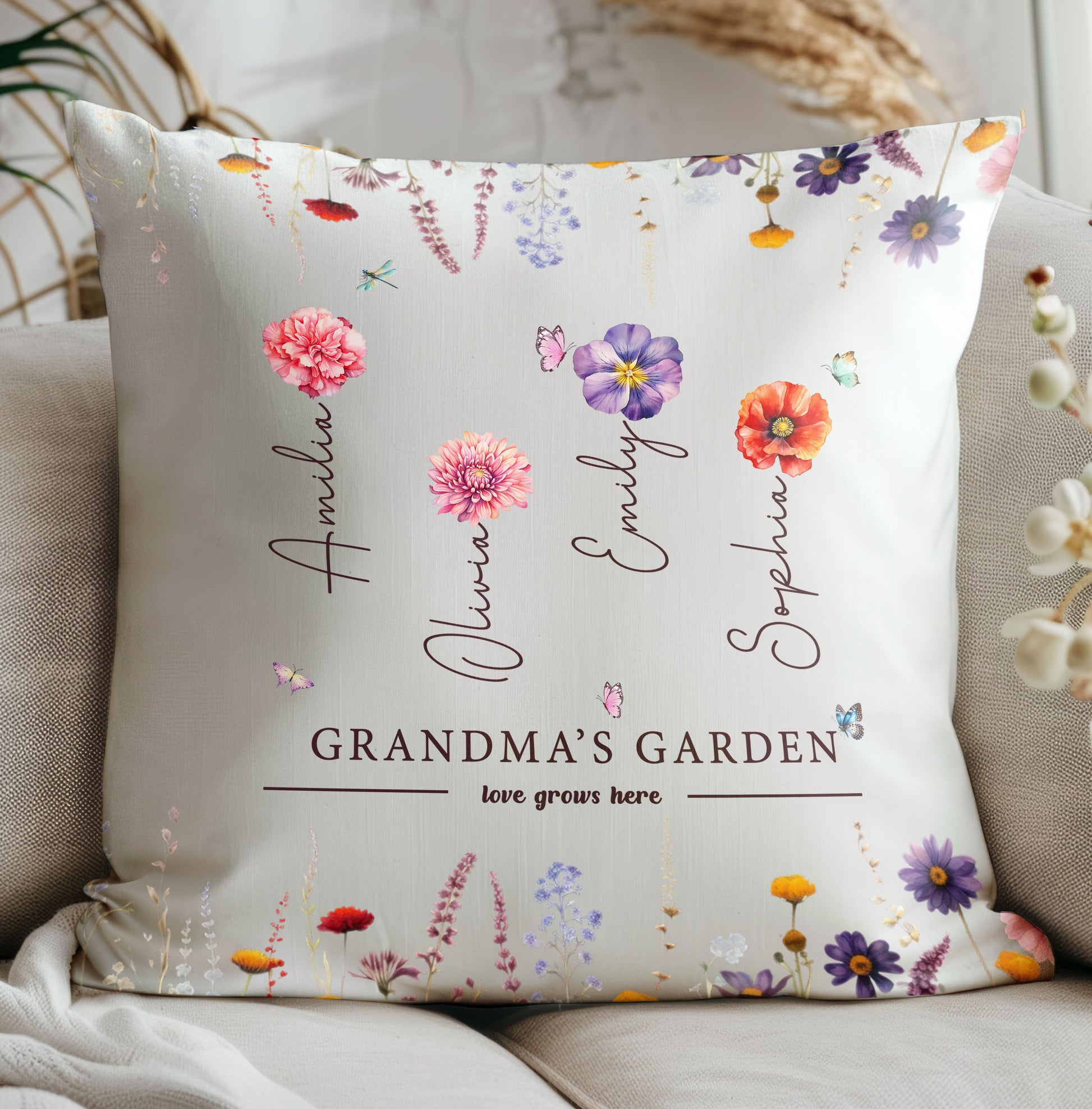 Custom Grandma's Garden Pillow as a Birthday Gift with Grandchild's Name and Birth Flower