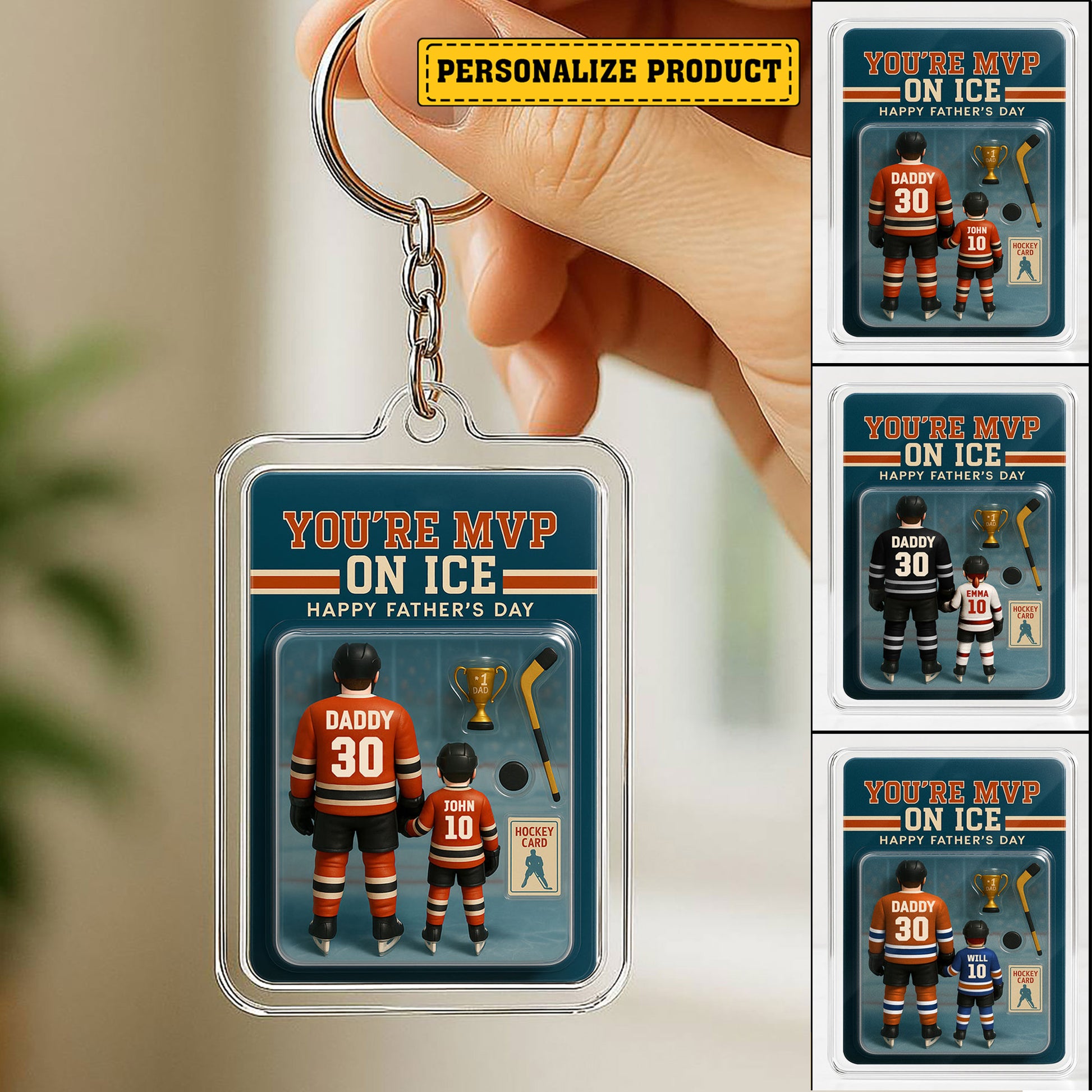 Custom Hockey Dad and Son Keychain – 3D Acrylic Personalized Father’s Day Gift – You’re MVP on Ice Message for Hockey Fans