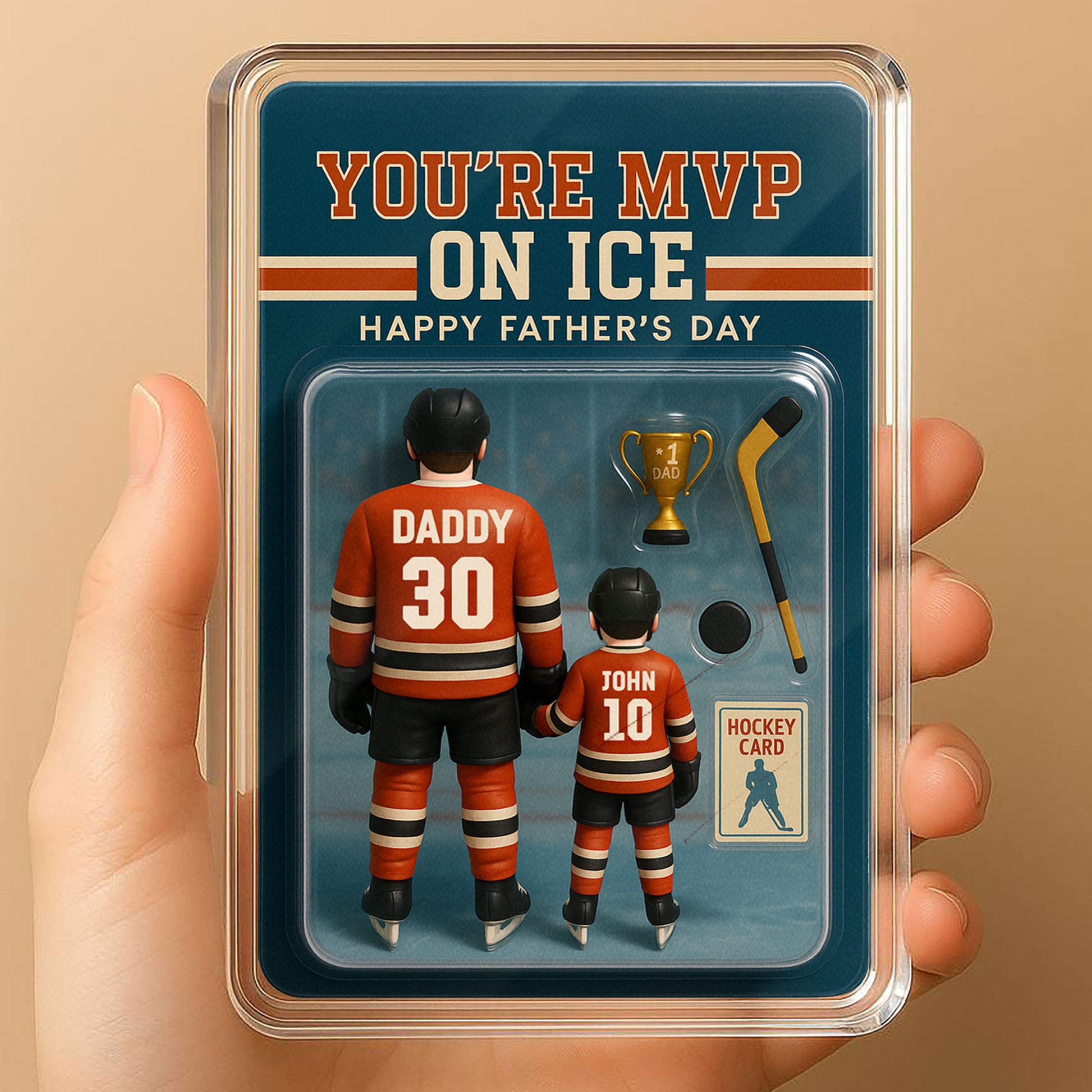 Custom Hockey Themed Father’s Day Gift – 3D Acrylic Plaque for Dad and Son – Personalized Ice Rink Desk Decor

