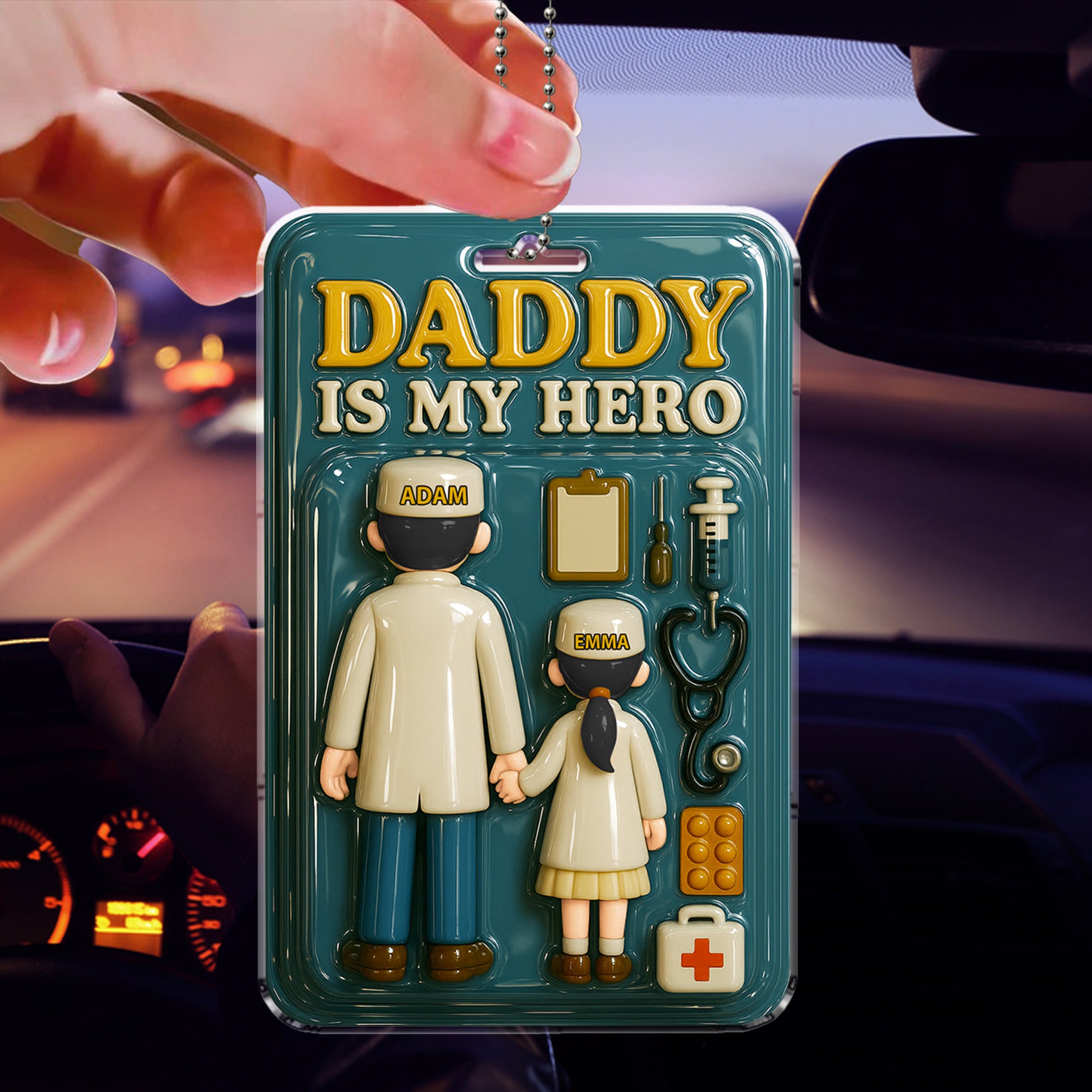 Custom Name Doctor Dad Car Ornament - "Daddy Is My Hero" Gift
