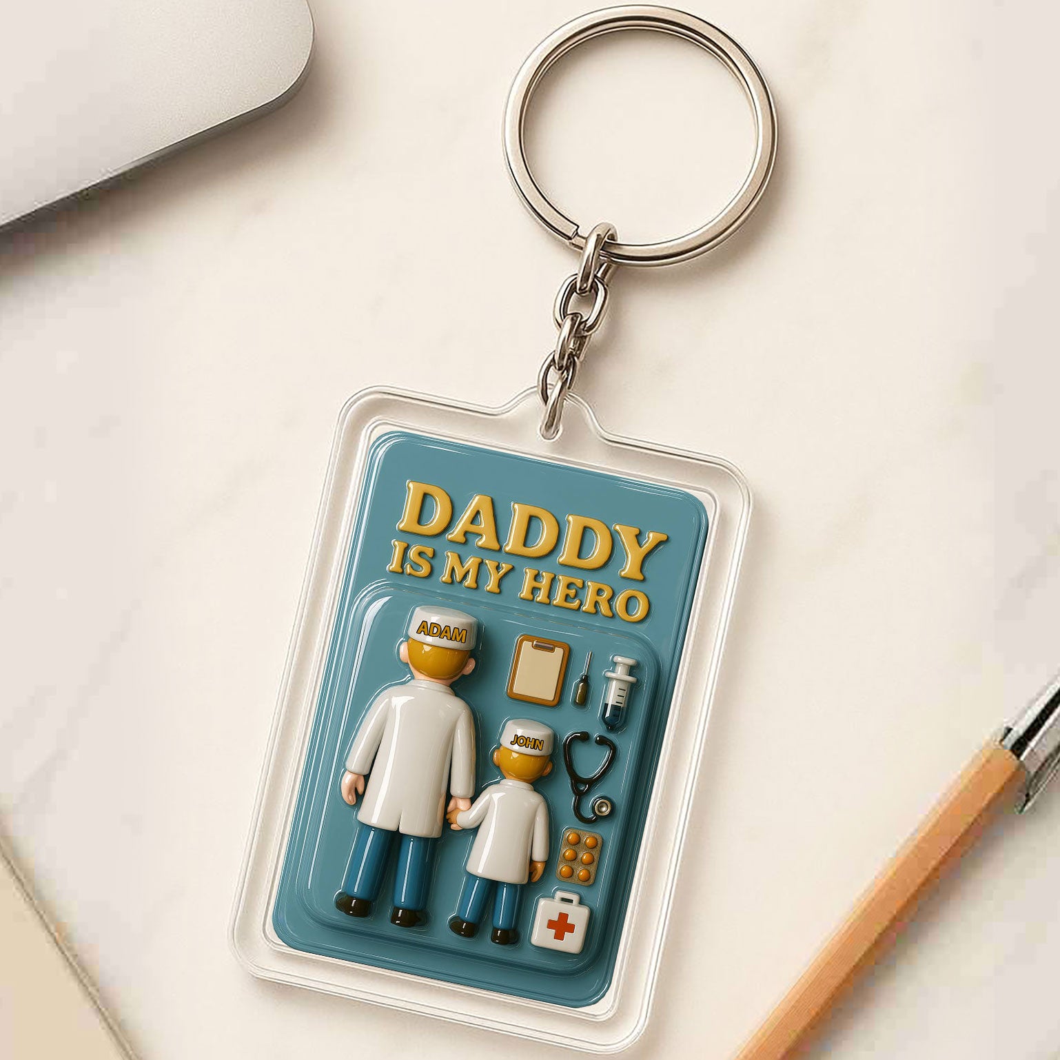 Custom Name Doctor Father & Son Father's Day Gift - 3D "Daddy Is My Hero" Keychain