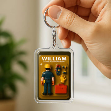 Custom Name Electrician Dad Father's Day Gift - 3D "Real Risks No Regrets" Action Figure Keychain