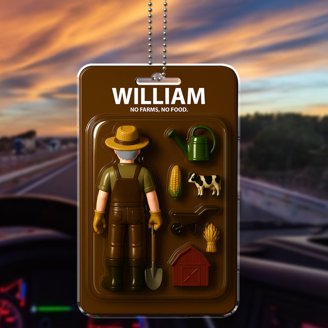 Personalized Farmer Car Hanging Ornament - Custom Name "No Farms, No Food"
