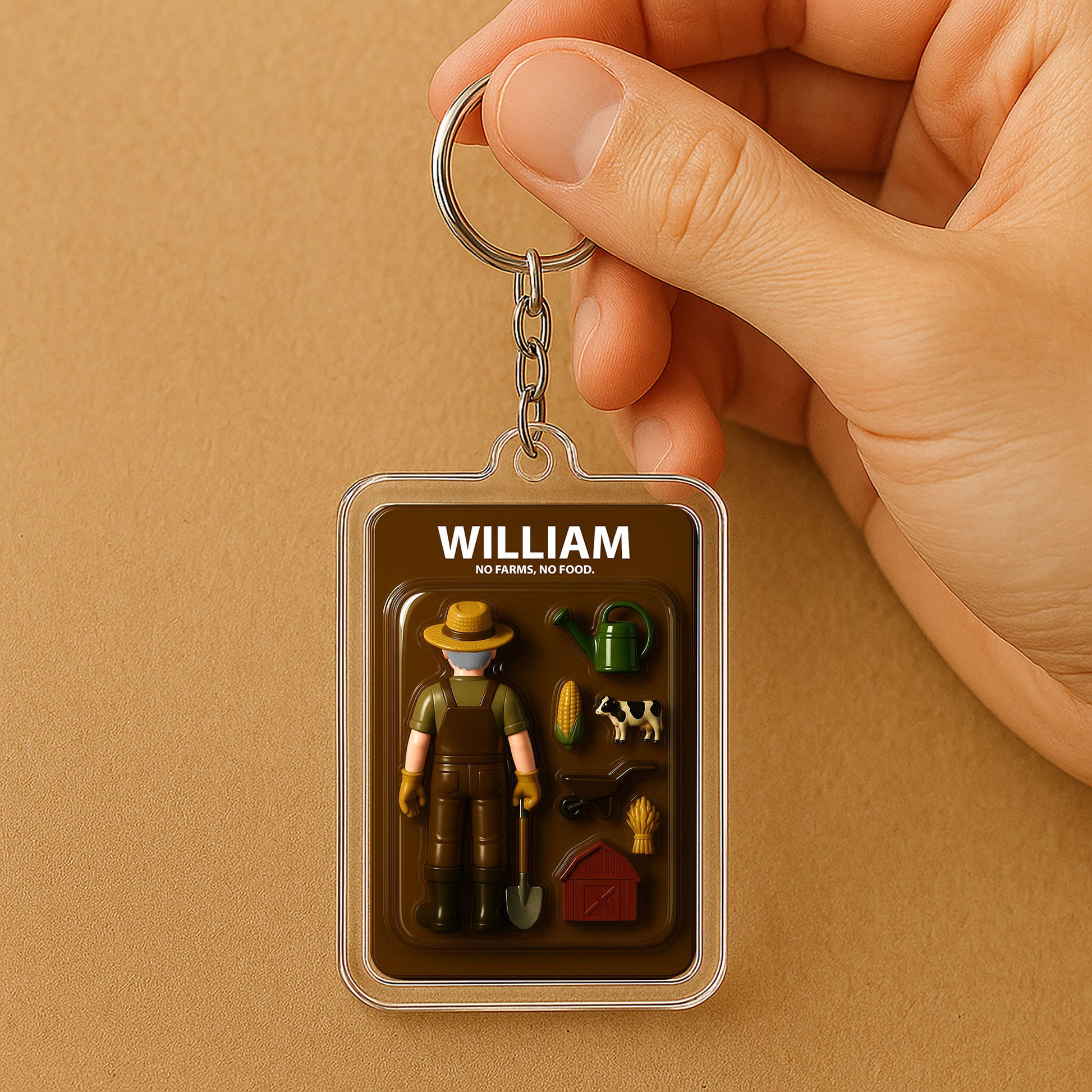 Custom Name Farmer Dad Father's Day Gift - 3D "No Farms, No Food" Action Figure Keychain