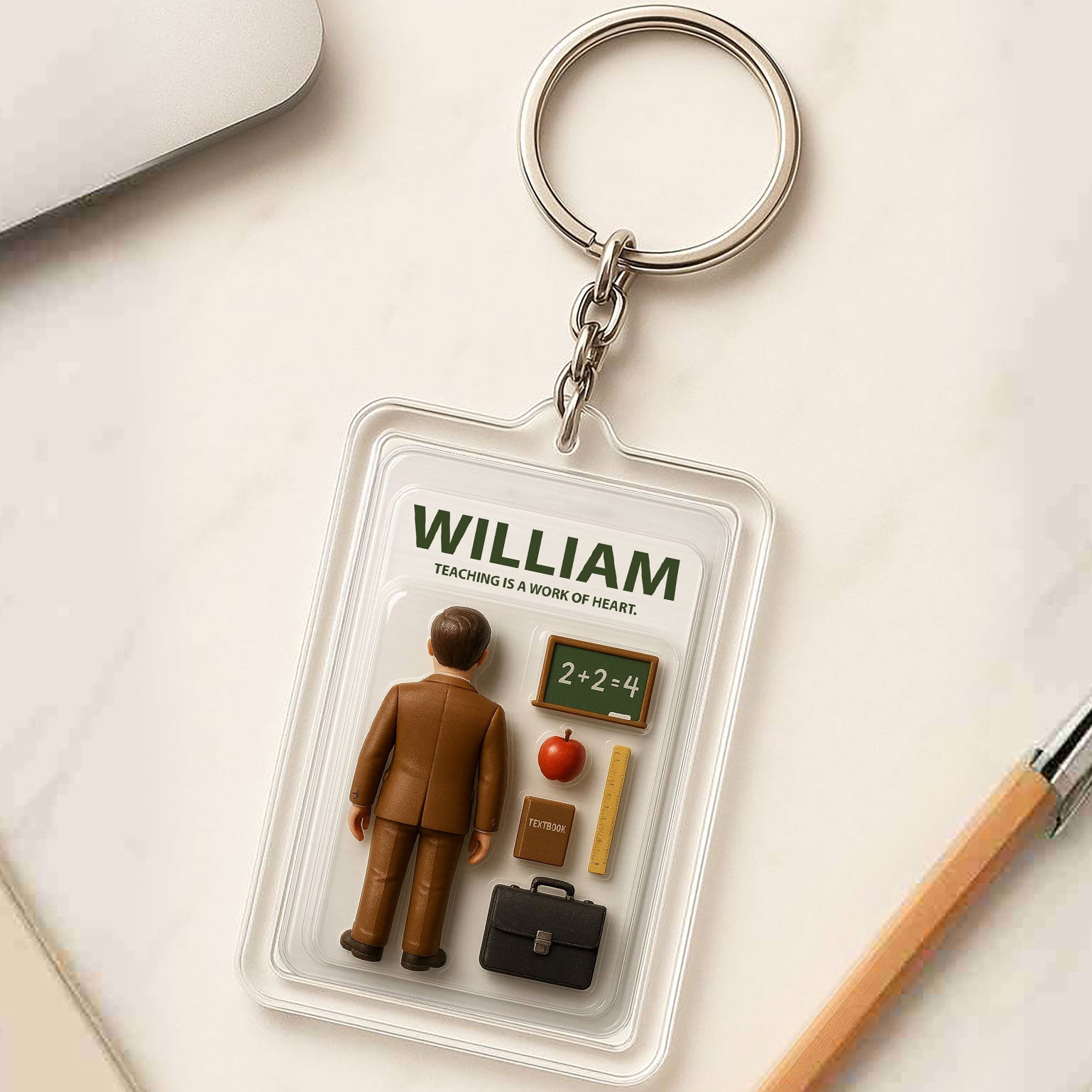 Custom Name Teacher Dad Father's Day Gift - 3D "Teaching is a Work of Heart" Action Figure Keychain