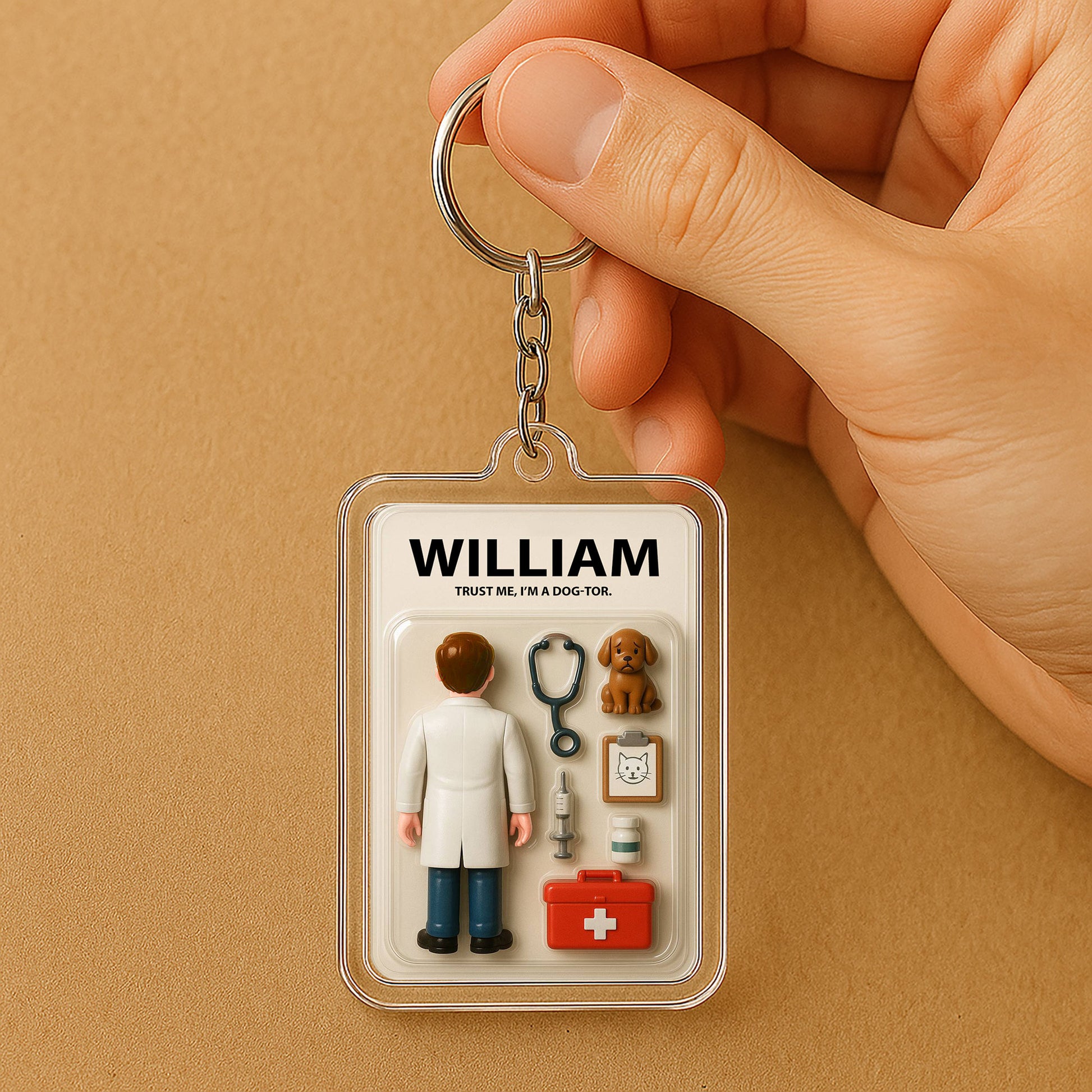 Custom Name Vet Dad Father's Day Gift - 3D "Dog-tor" Action Figure Keychain