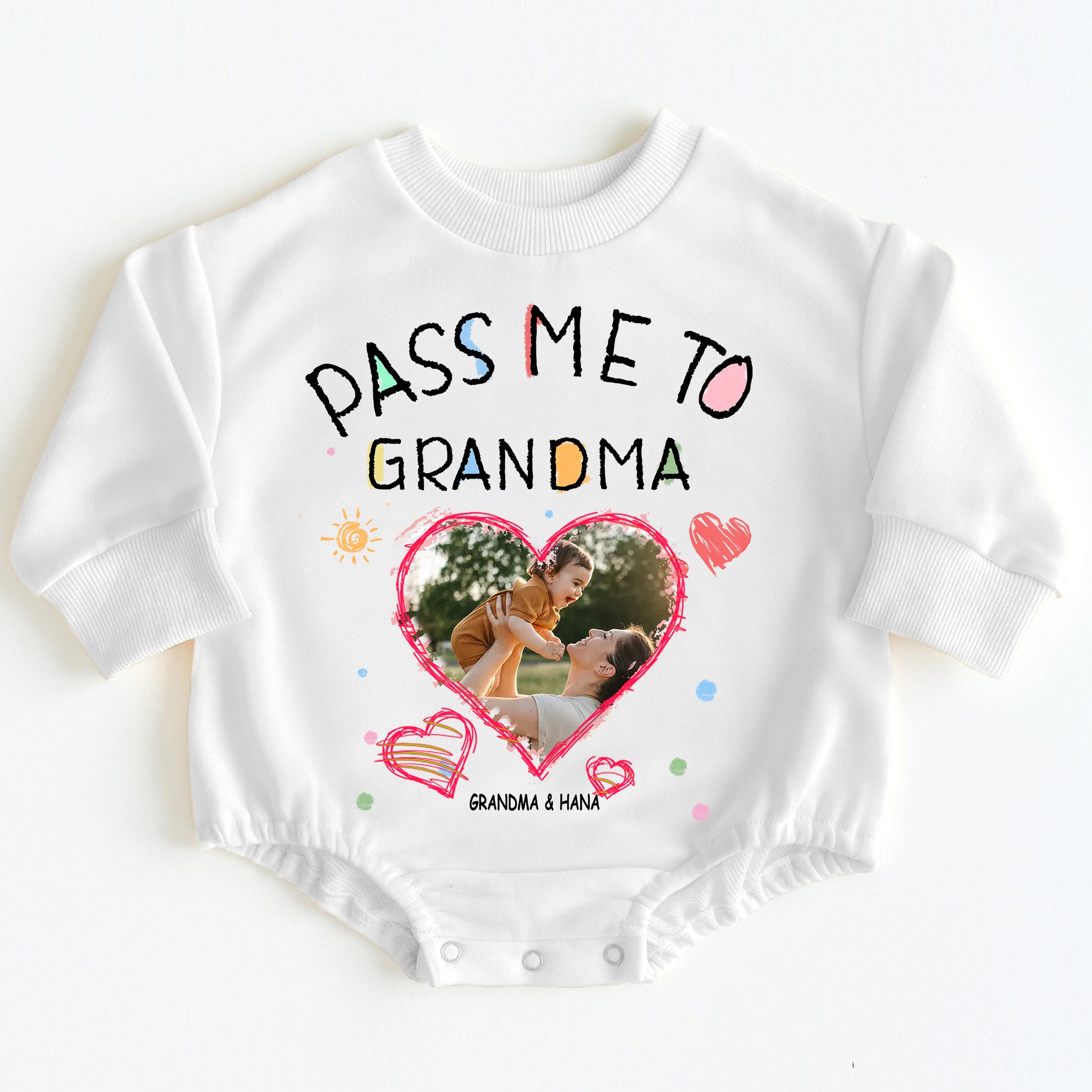Custom "Pass Me To Grandma" Baby Bodysuit with Photo & Names
