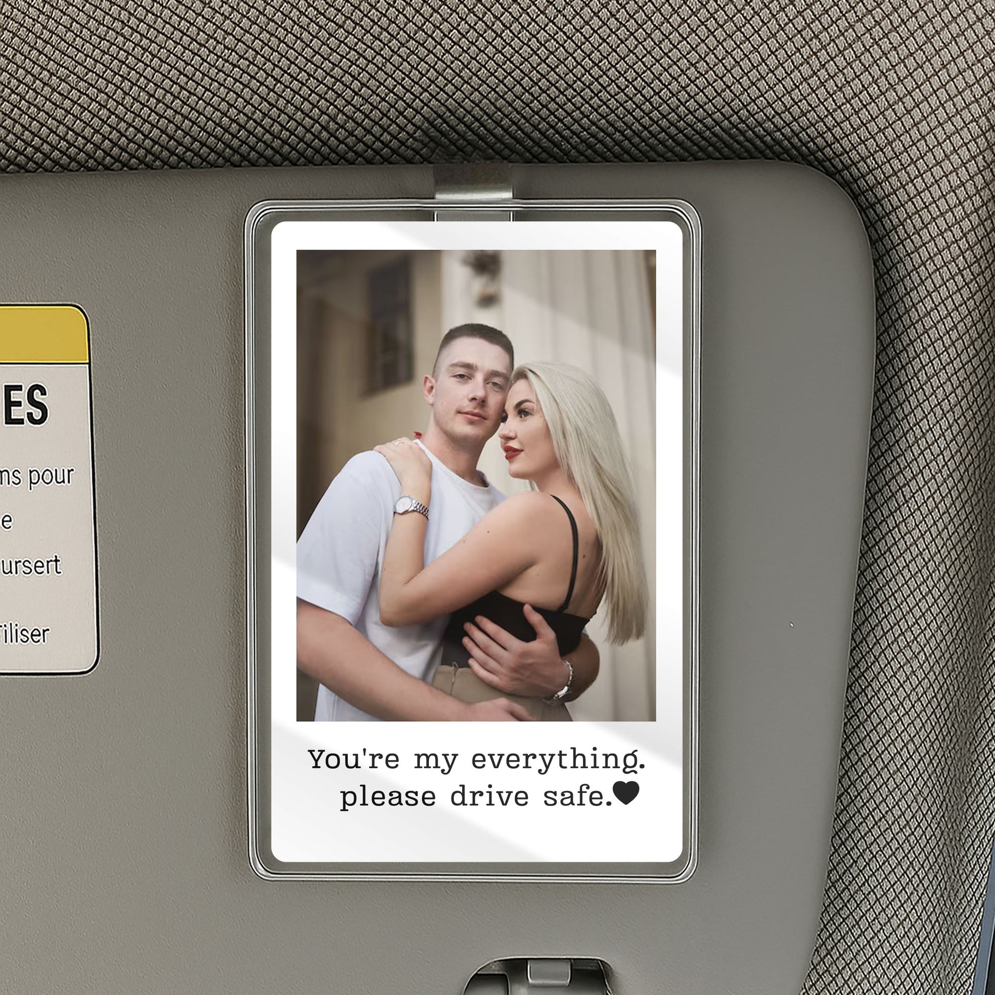 Custom Photo Car Visor Clip – Personalized Gift for Partner with “You're My World” Drive Safe Message

