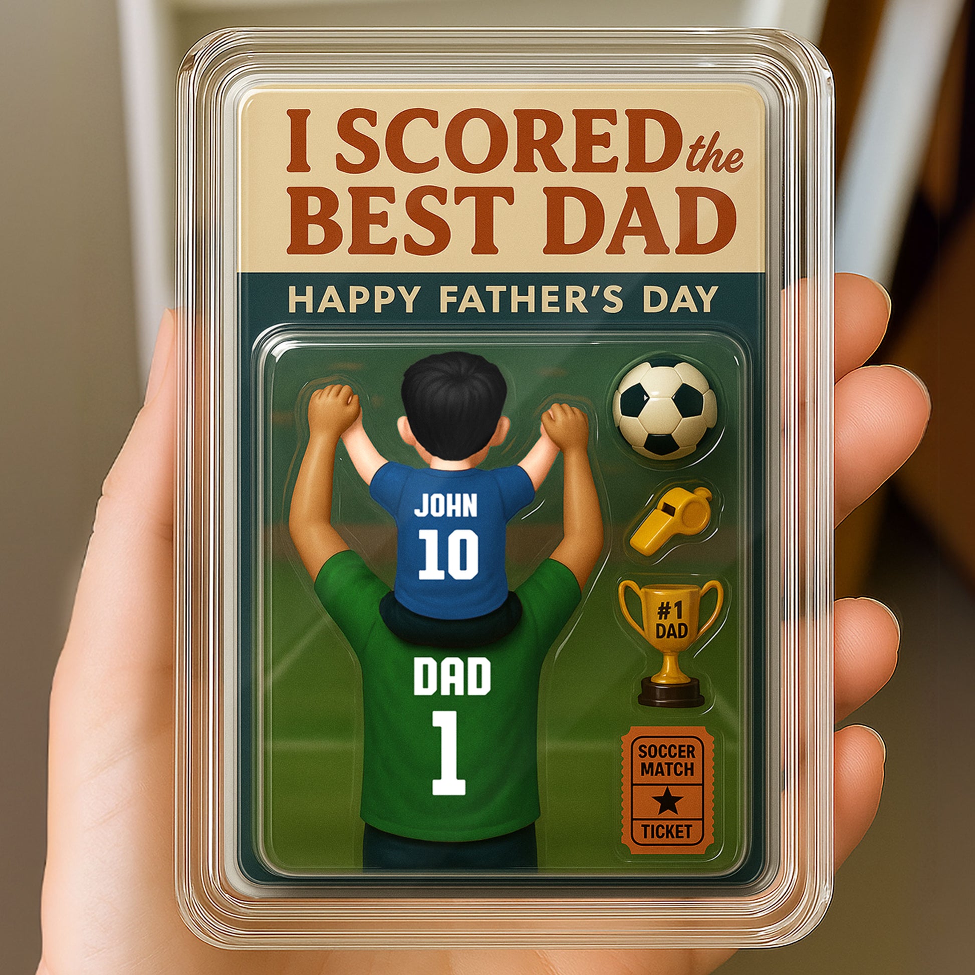 Custom Soccer Dad and Son 3D Acrylic Plaque – Personalized Father’s Day Gift with Trophy, Whistle & Soccer Ball

