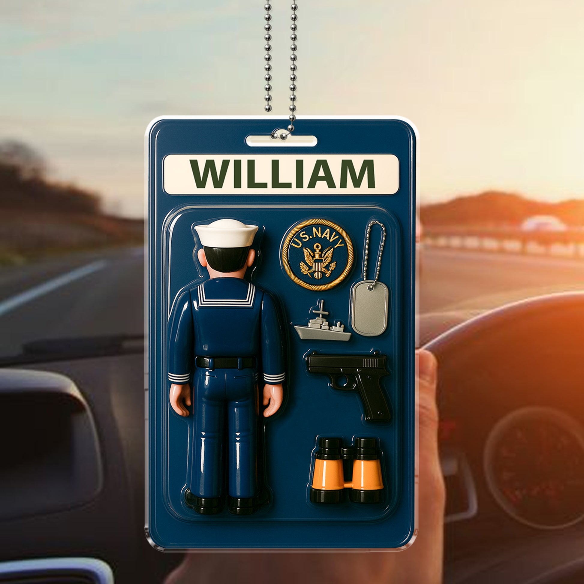 Custom US Navy Acrylic Ornament for Rearview Mirror – Father’s Day Gift for Navy Dad – Personalized Military Keepsake

